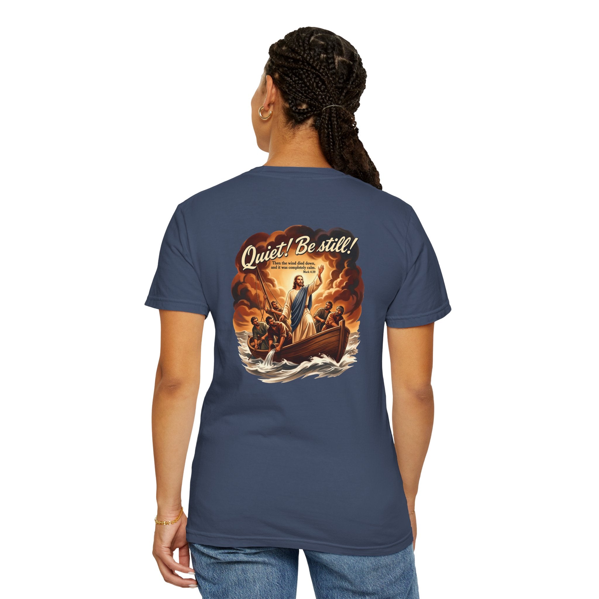 Christian Cross T-Shirt — "Quiet! Be Still" Graphic Faith Tee