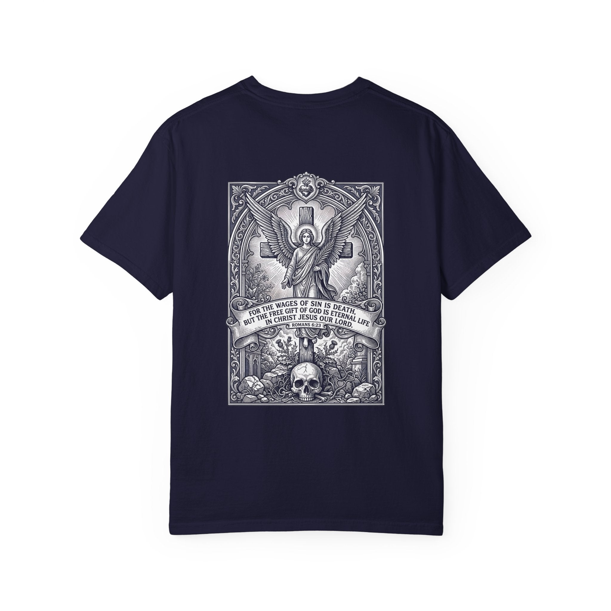 Religious Graphic T-Shirt — Angel, Skull & Scripture Back Print
