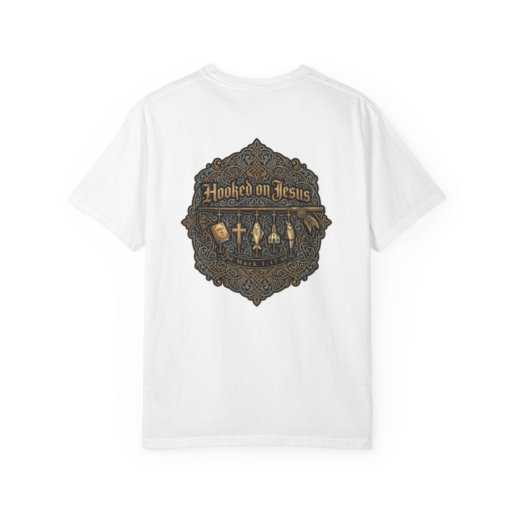 Hooked on Jesus T‑Shirt — Small Front Cross & Ornate Back Graphic