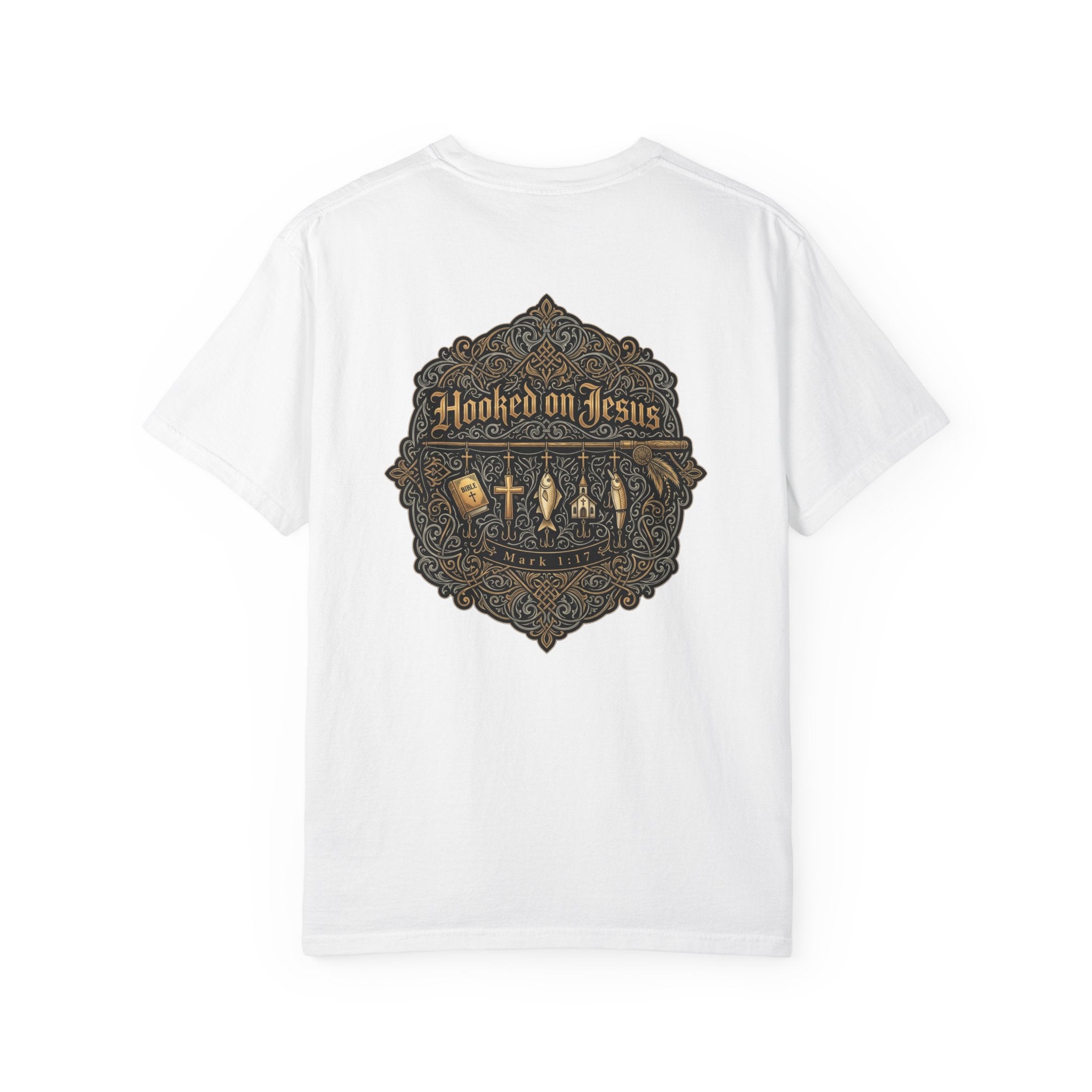 Hooked on Jesus T‑Shirt — Small Front Cross & Ornate Back Graphic