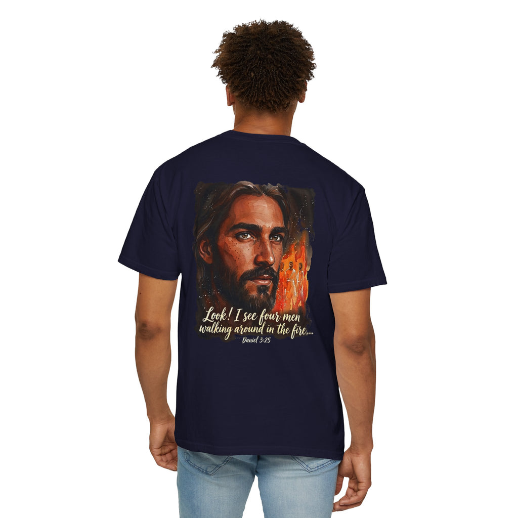 Christian T-Shirt — Jesus with Three Crosses & Daniel 3:25 Verse Back Print