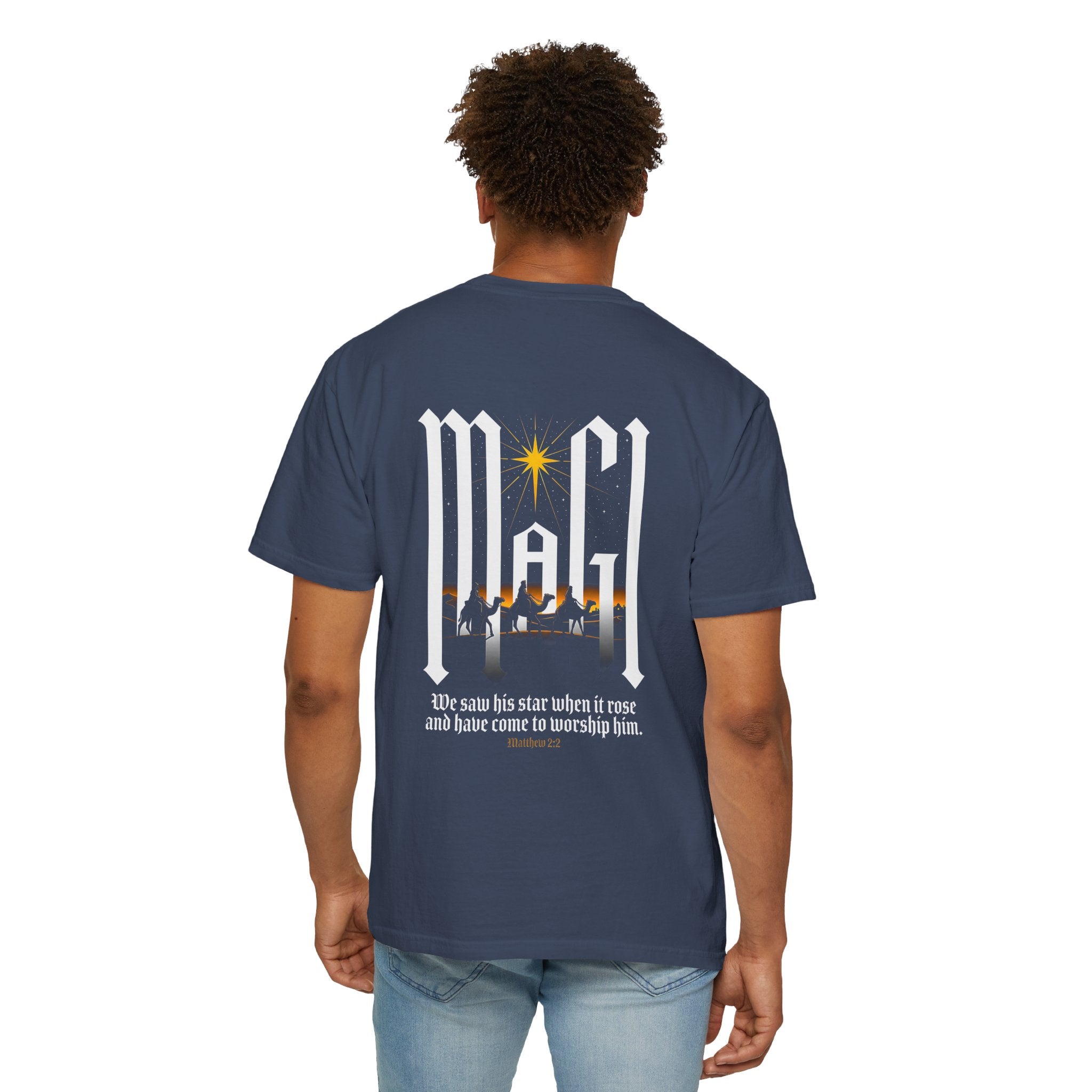 Christian Cross T-Shirt — 'We Saw His Star' Nativity Backprint Tee