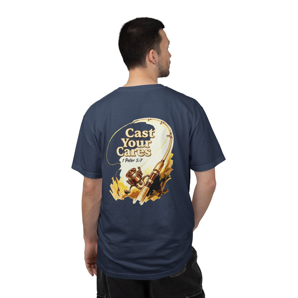 Cast Your Cares T-Shirt — Christian Fishing Cross Graphic Tee (1 Peter 5:7)
