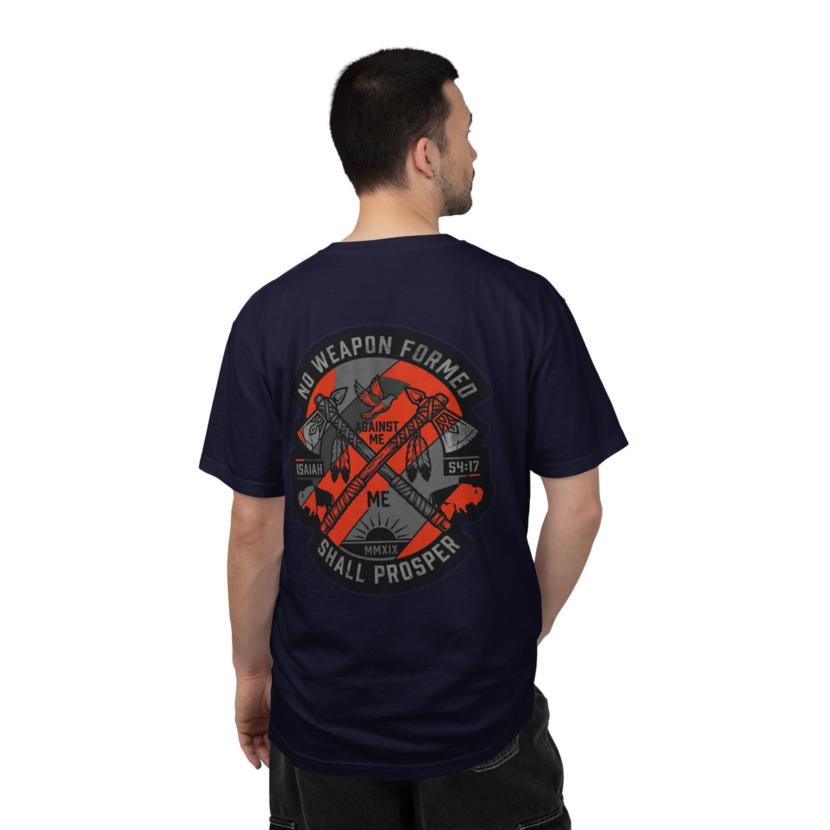 Faith Cross T-Shirt — “No Weapon Formed Shall Prosper” Back Graphic