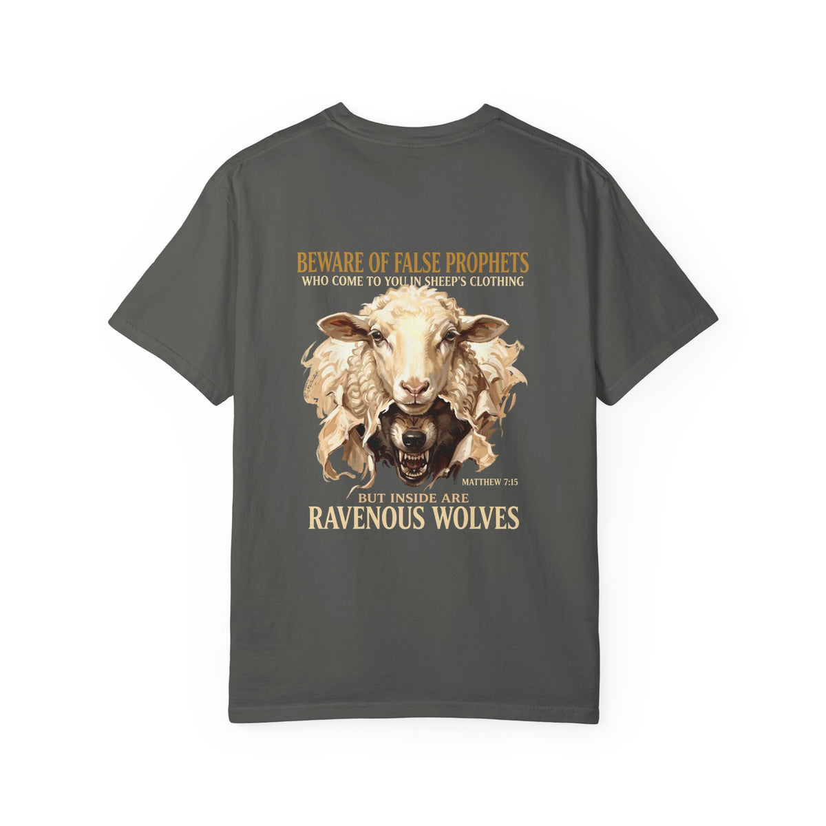Christian Graphic T-Shirt — "Ravenous Wolves" Sheep & Cross Faith Tee — Christian graphic back print