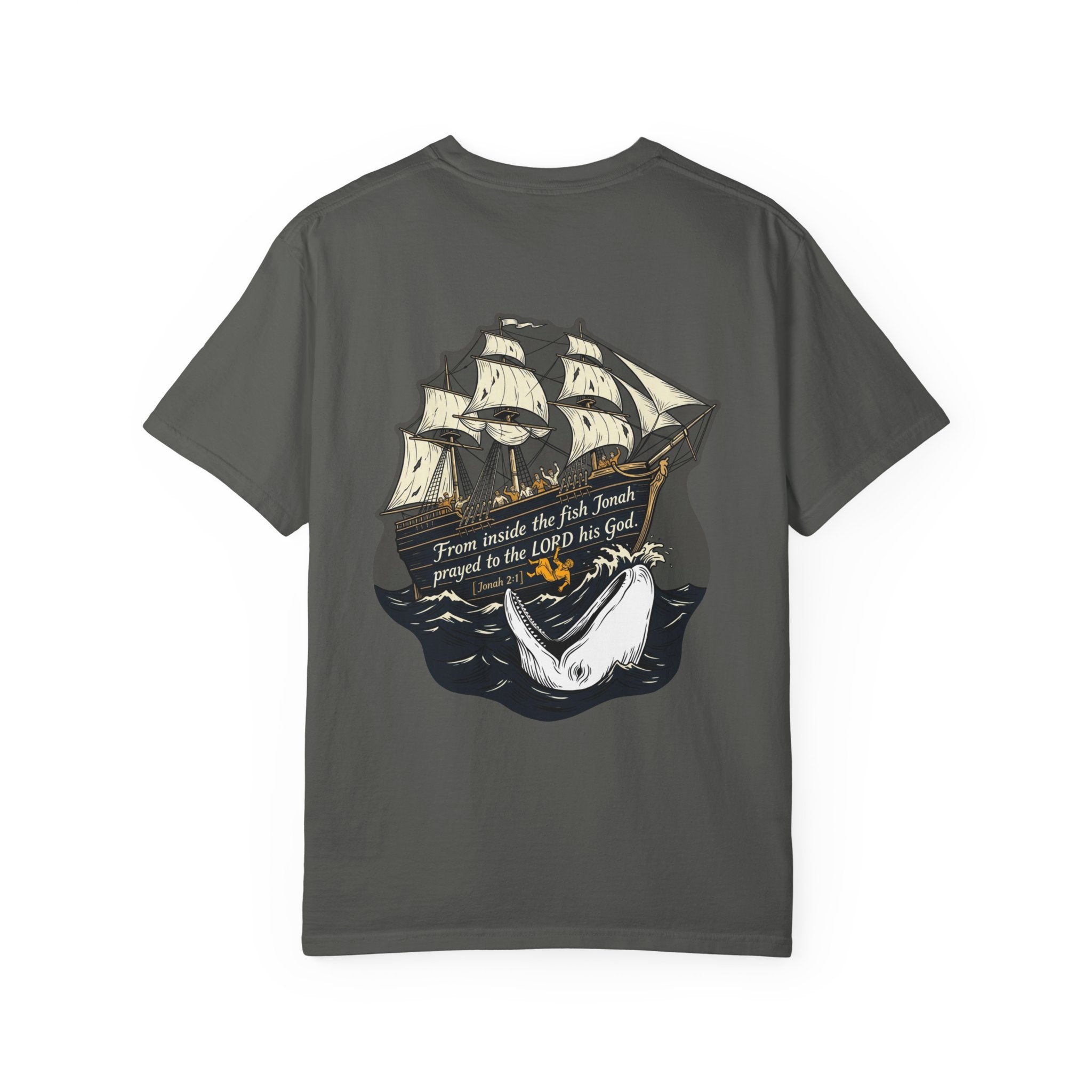 Christian Ship & Whale T-Shirt — 'From inside the fish Jonah prayed to the LORD his God' Chest Cross