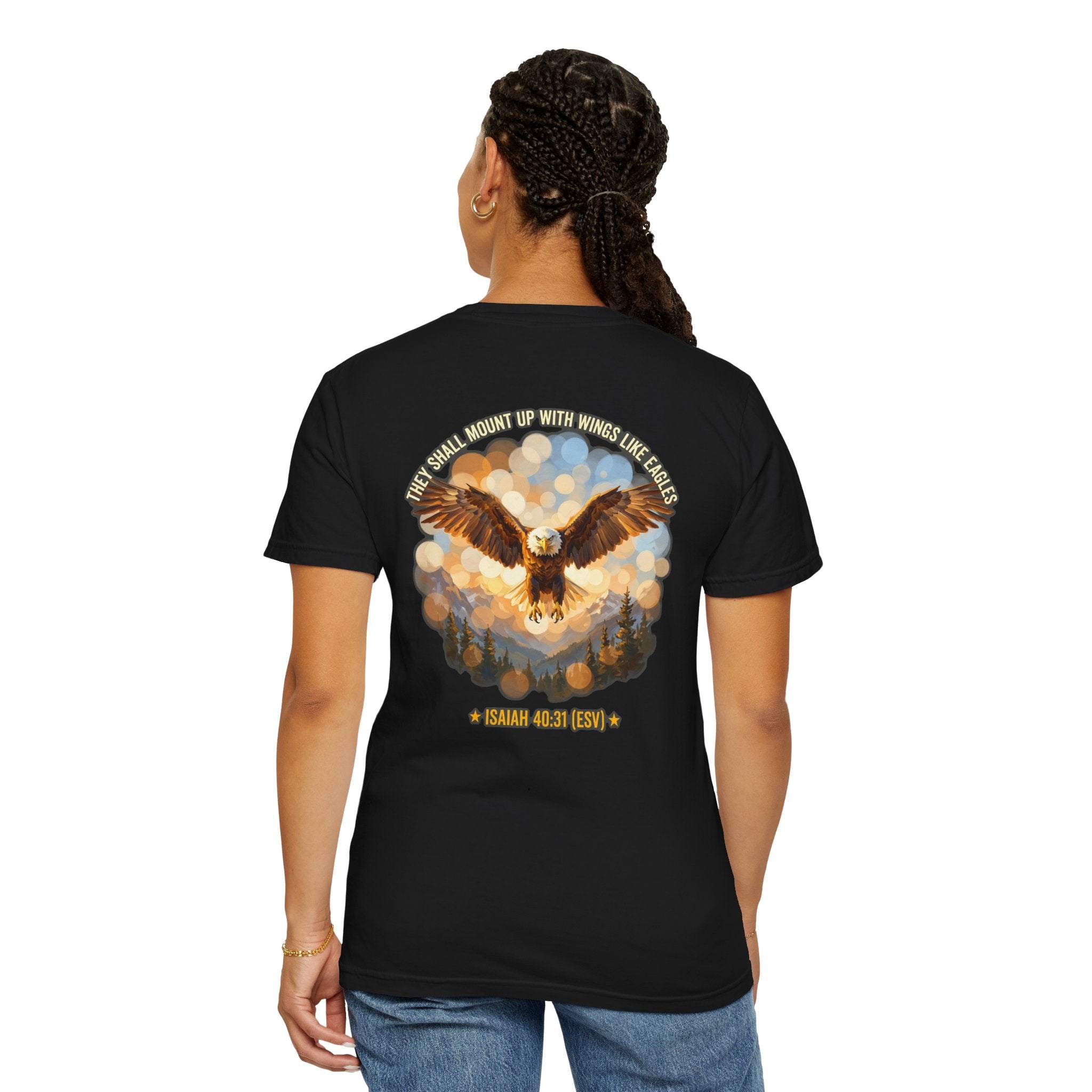 Eagle & Cross Christian T‑Shirt — "They Shall Mount Up with Wings" (Isaiah 40:31)