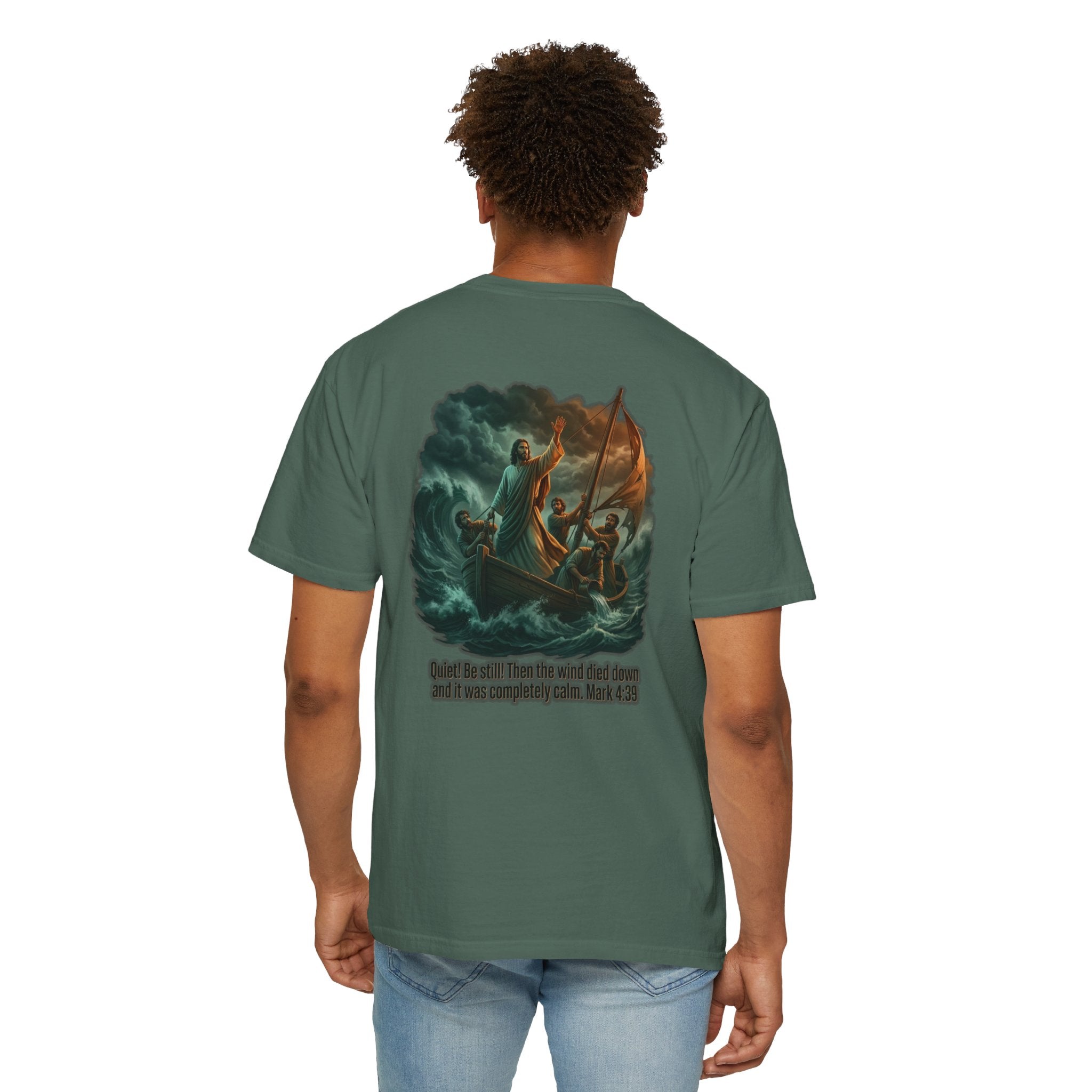 Christian Faith T-Shirt — 'He Said, "Be Still"' Boat Scene with Matthew 8:23-27 Biblical Tee