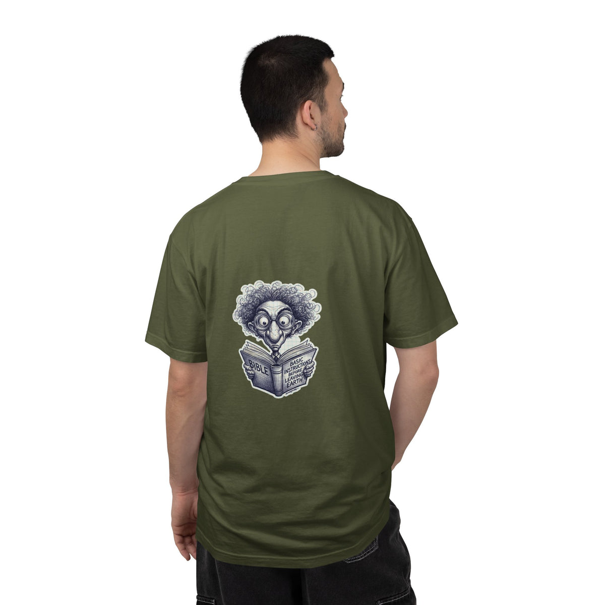 Graphic T-Shirt — Small Cross Front & Whimsical Reader Illustration Back