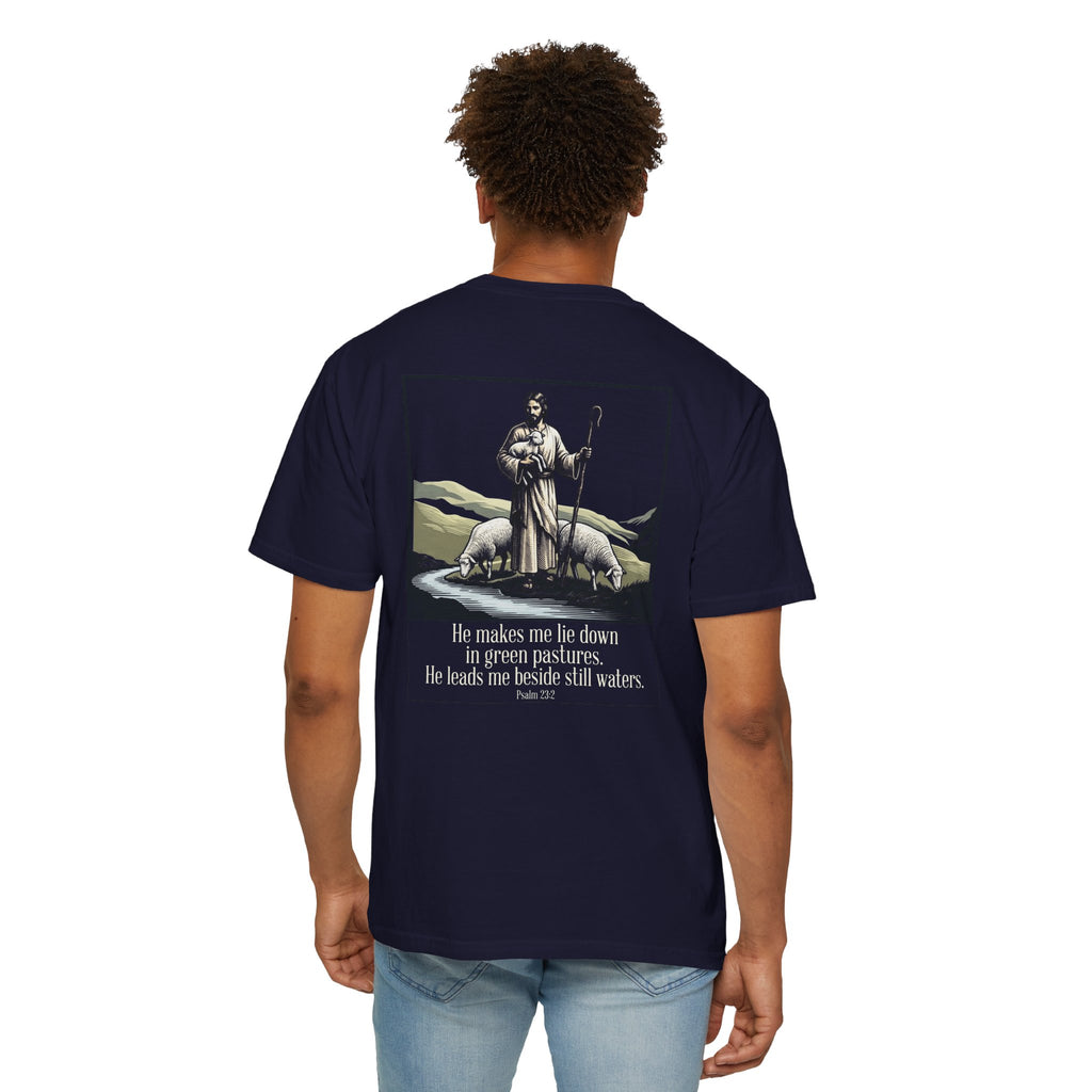 Christian T-Shirt — 'He Makes Me Lie Down in Green Pastures' Brown Tee