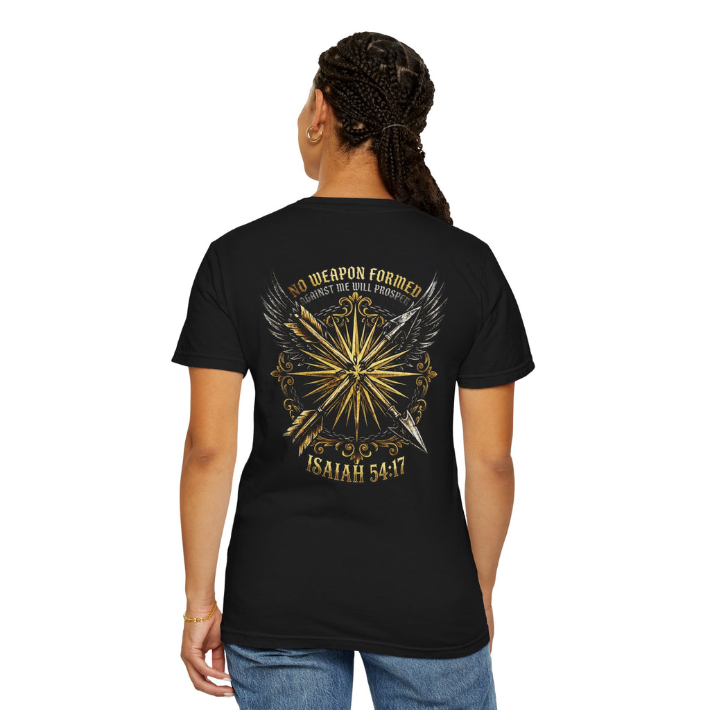 Christian Cross T-Shirt — "No Weapon Formed" Isaiah 54:17 Garment-Dyed Tee