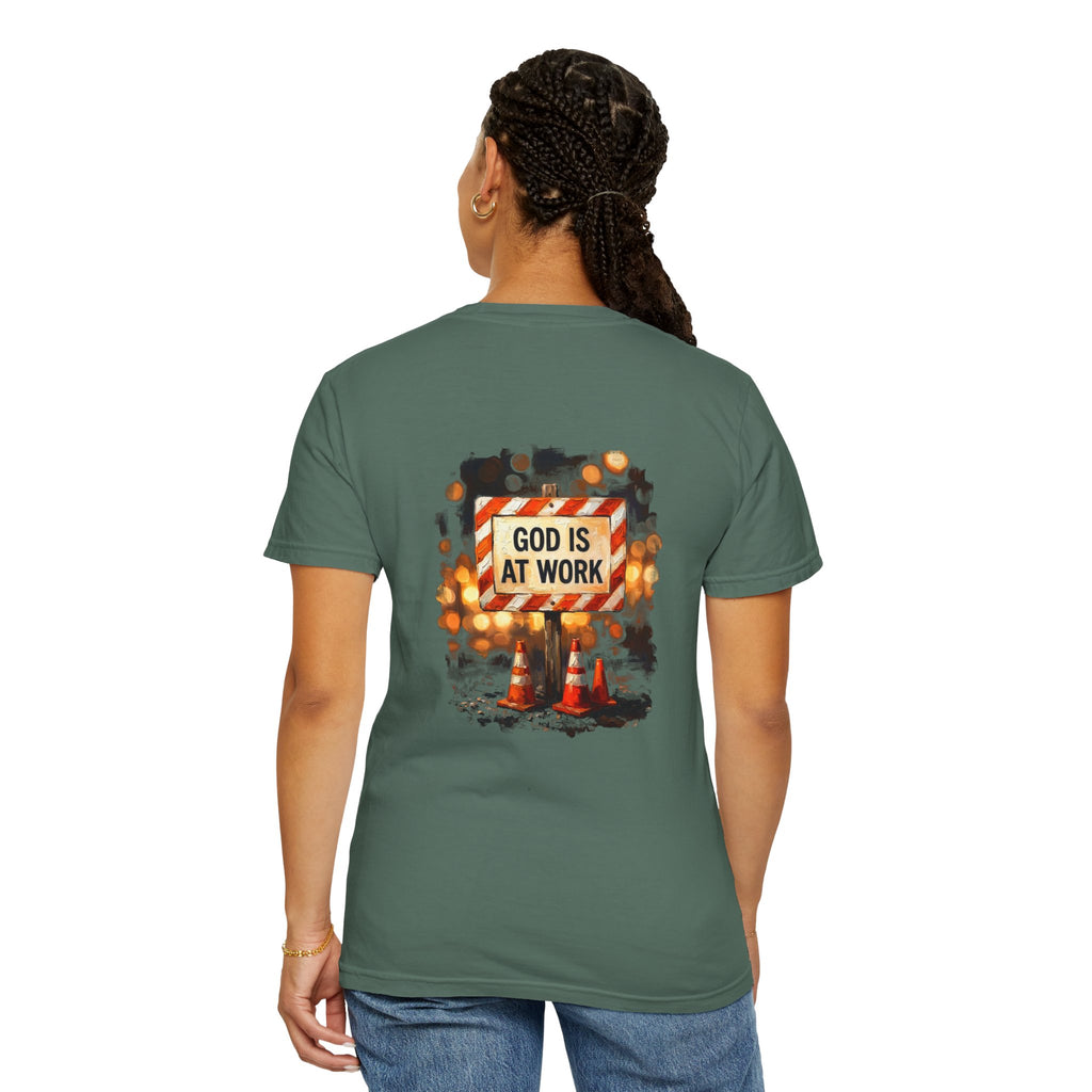 Christian T-Shirt — "God Is At Work" Cross Graphic Tee