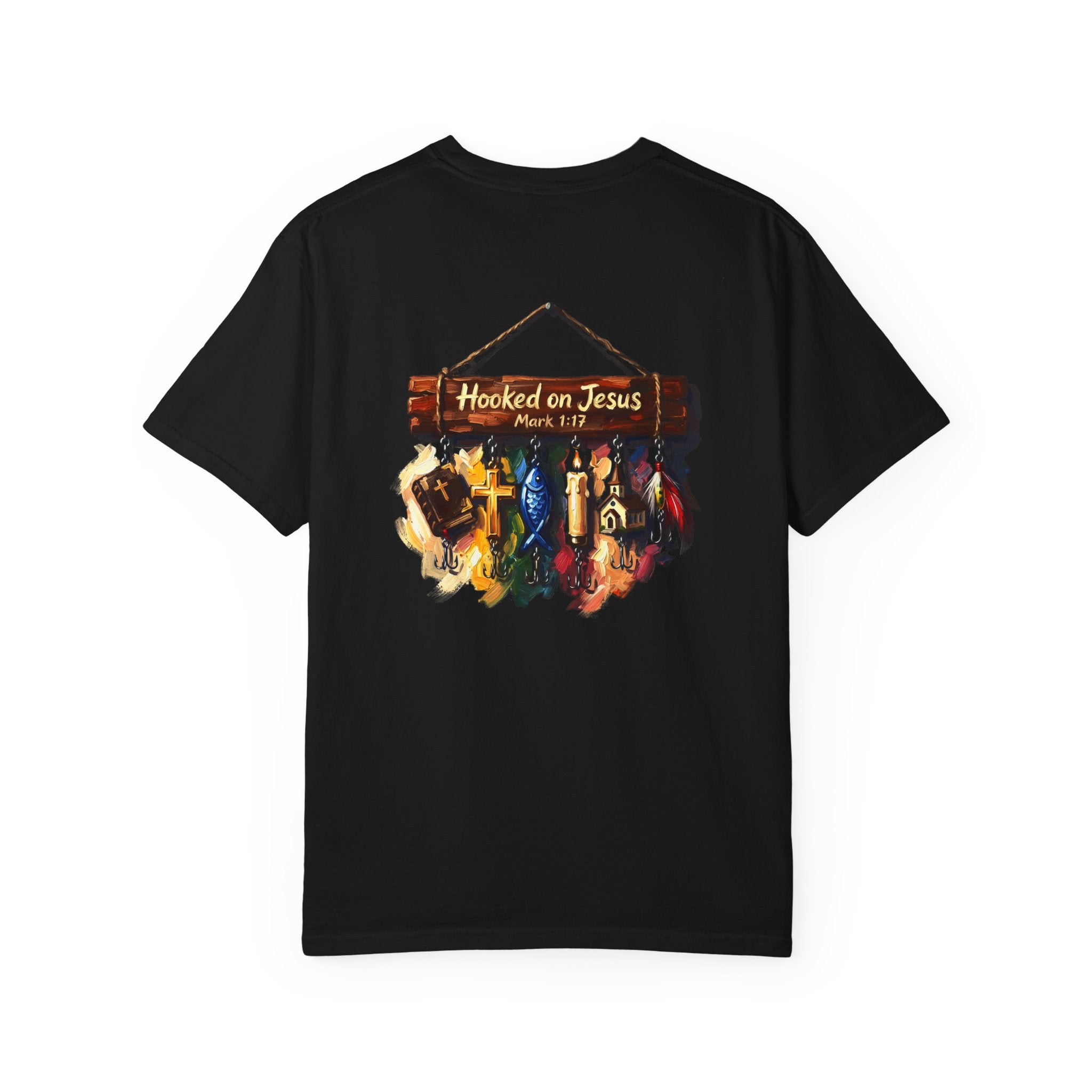 Christian Fishing T-Shirt — “Hooked on Jesus” Graphic Tee with Small Front Cross