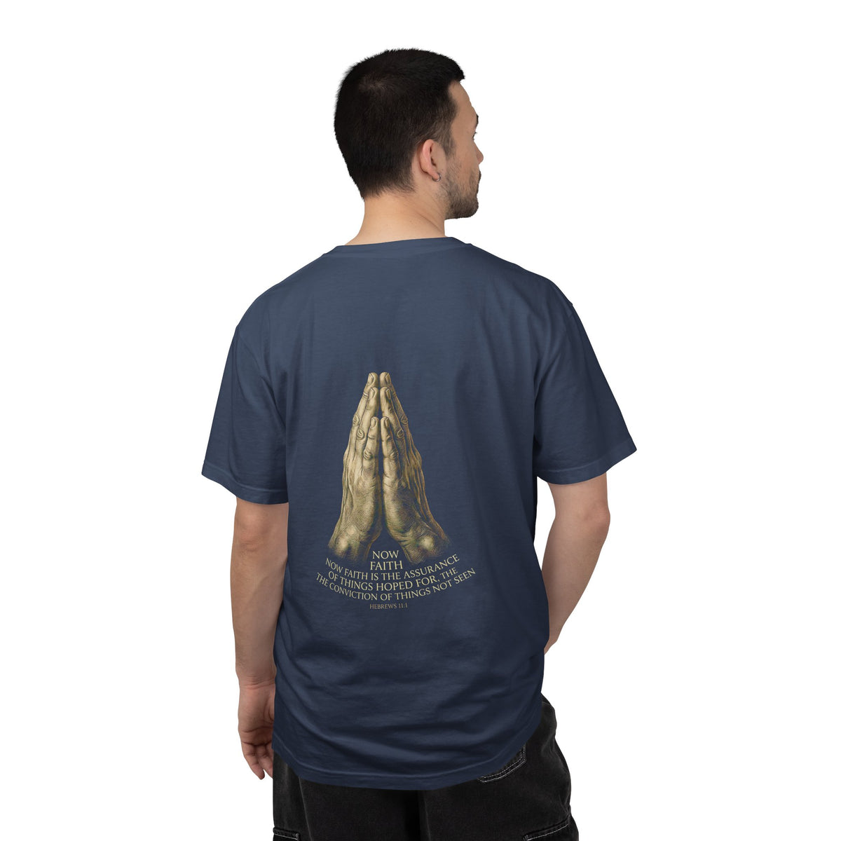 Prayer Hands Cross T‑Shirt — Christian Faith Tee with Back Scripture Design