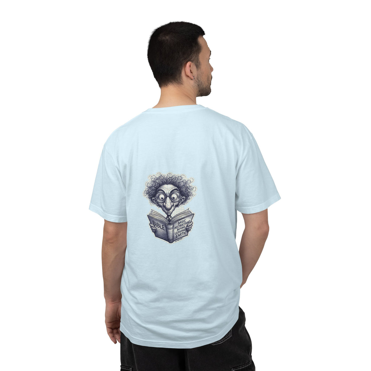 Graphic T-Shirt — Small Cross Front & Whimsical Reader Illustration Back