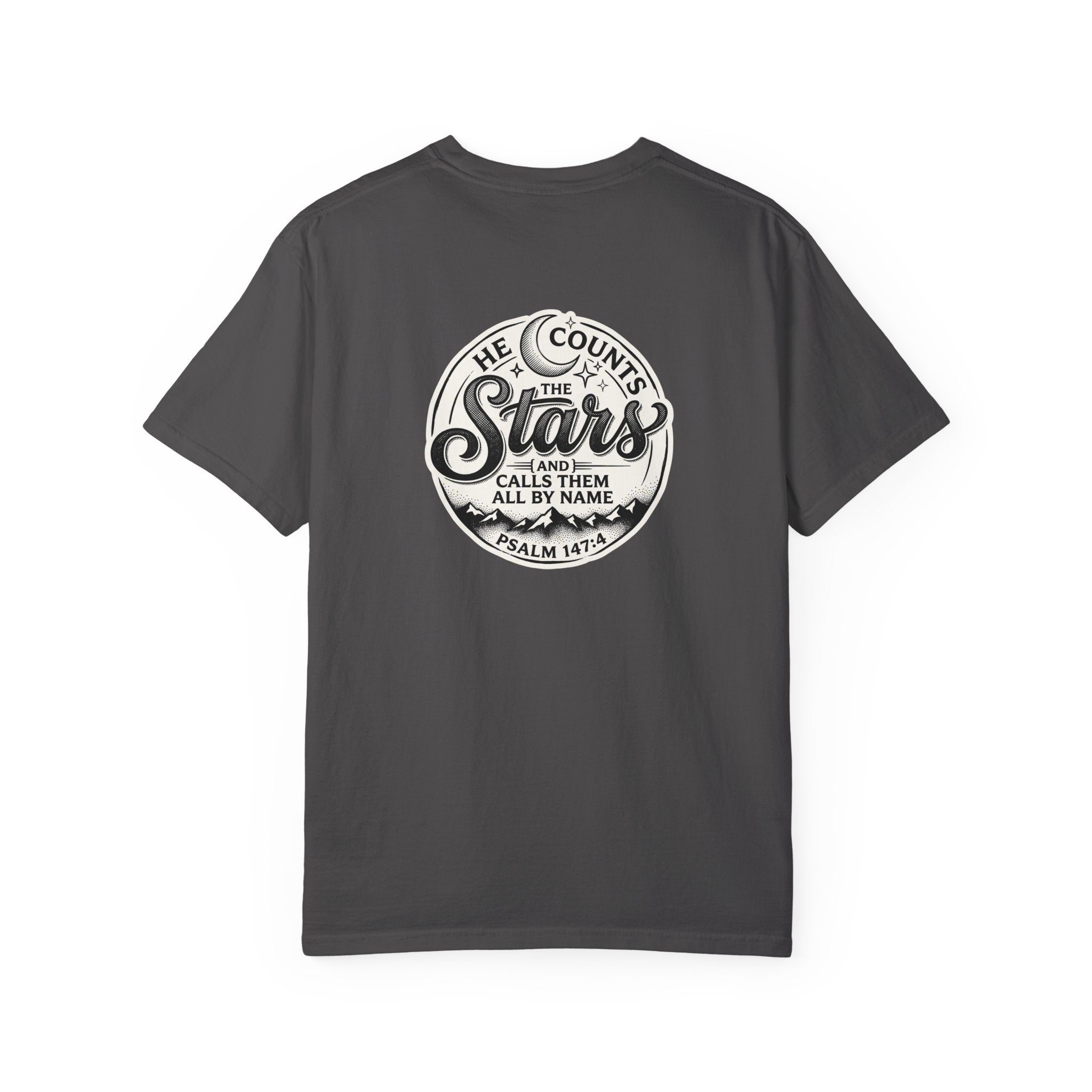 Christian Cross T-Shirt — "He Counts the Stars" Psalm 147:4 Graphic Tee