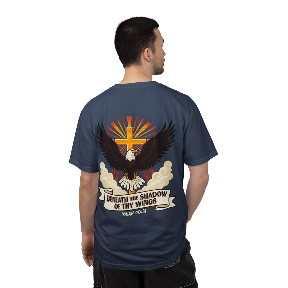 Christian Eagle Cross T‑Shirt — "Beneath the Shadow of Thy Wings" (Isaiah 40:3)