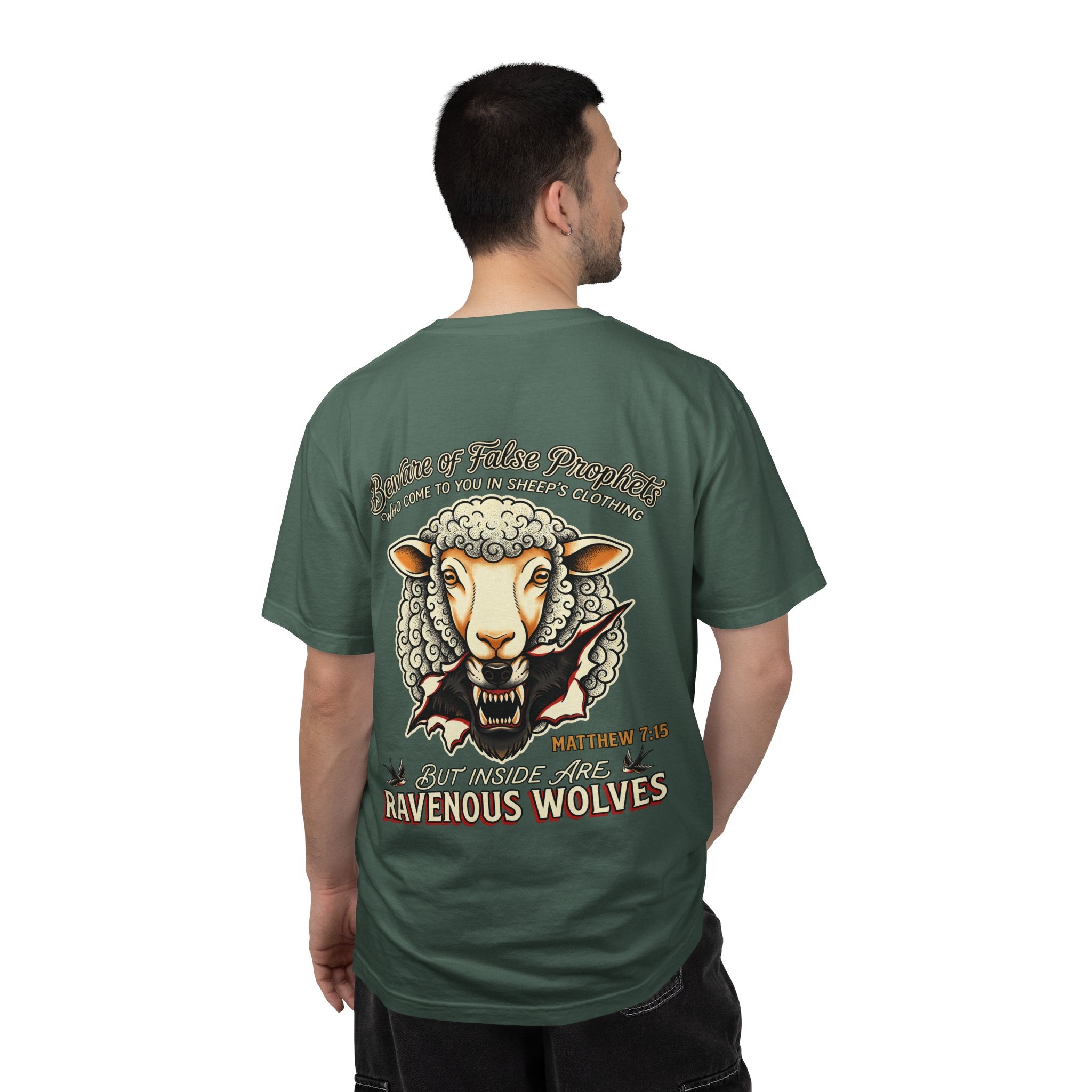Ravenous Wolves Sheep Graphic T-Shirt — Matthew 7:15 Christian Cross Tee
