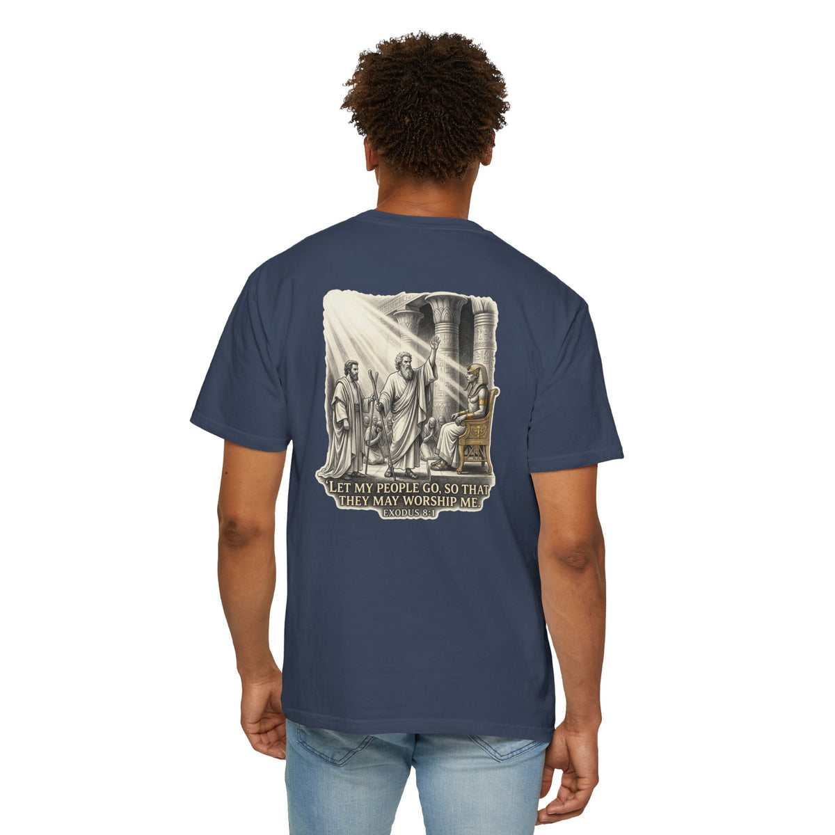 Religious T-Shirt — Small Cross Front & 'Let My People Go' Back Graphic