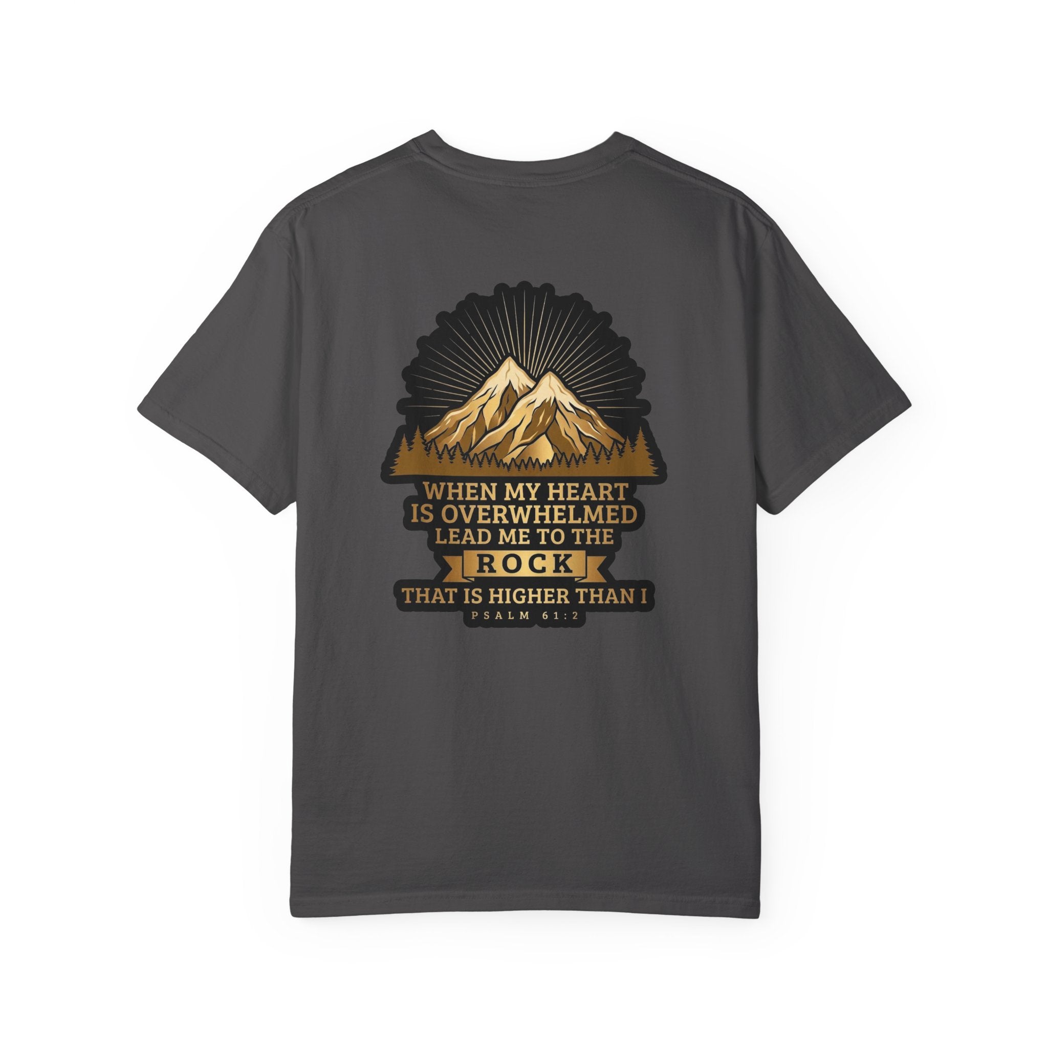 Christian T-Shirt — "When My Heart Is Overwhelmed" Psalm 61:2 Mountain Cross Tee
