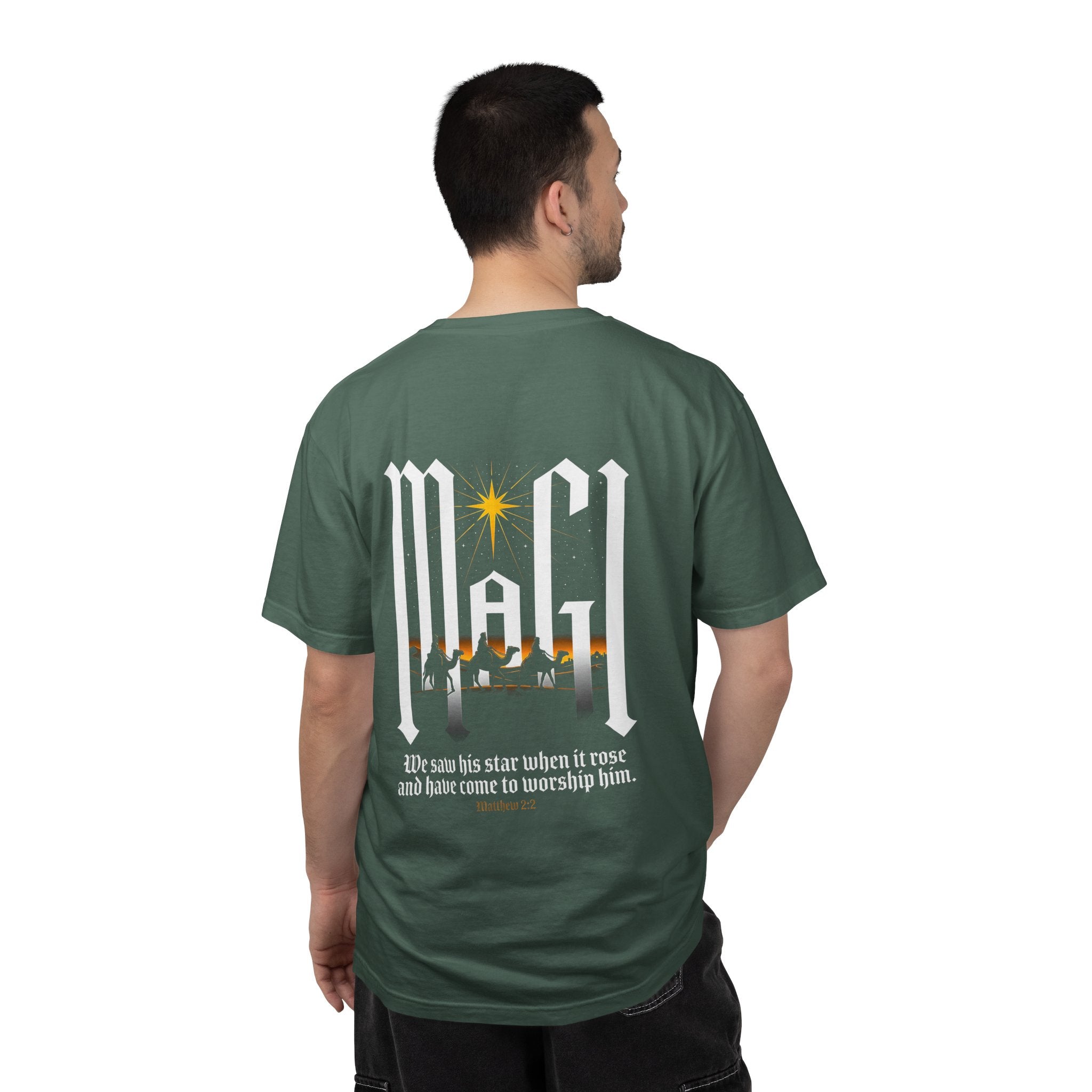 Christian Cross T-Shirt — 'We Saw His Star' Nativity Backprint Tee