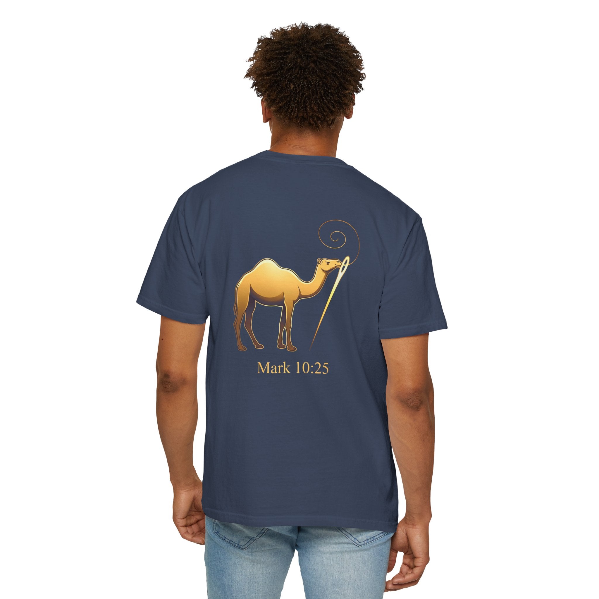 Christian Cross T-Shirt with Gold Camel & "Mark 10:25" Back — Religious Faith Tee
