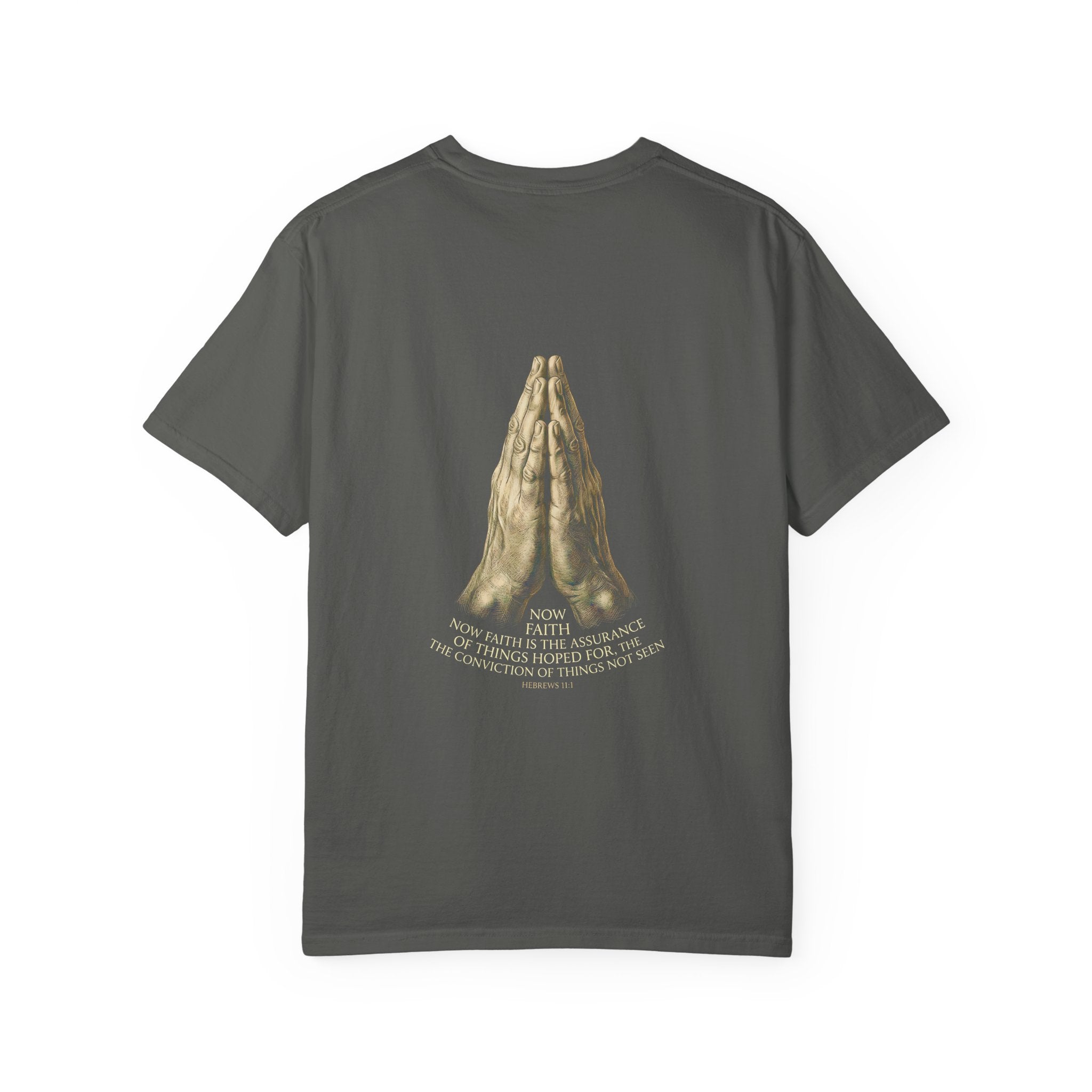 Prayer Hands Cross T‑Shirt — Christian Faith Tee with Back Scripture Design