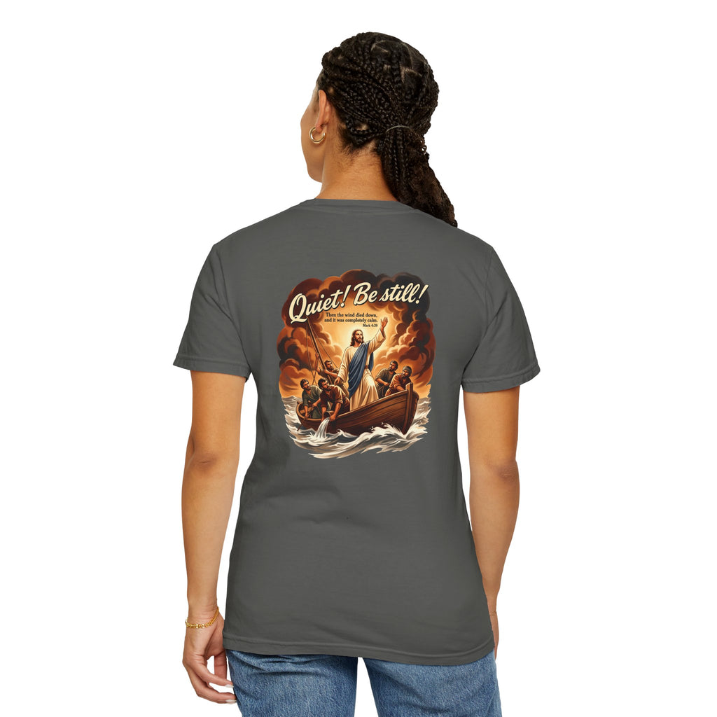 Christian Cross T-Shirt — "Quiet! Be Still" Graphic Faith Tee