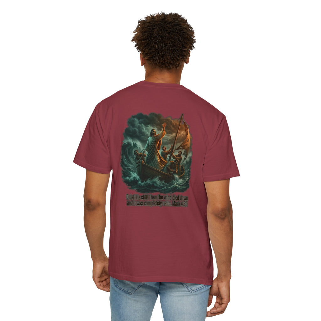 Christian Faith T-Shirt — 'He Said, "Be Still"' Boat Scene with Matthew 8:23-27 Biblical Tee
