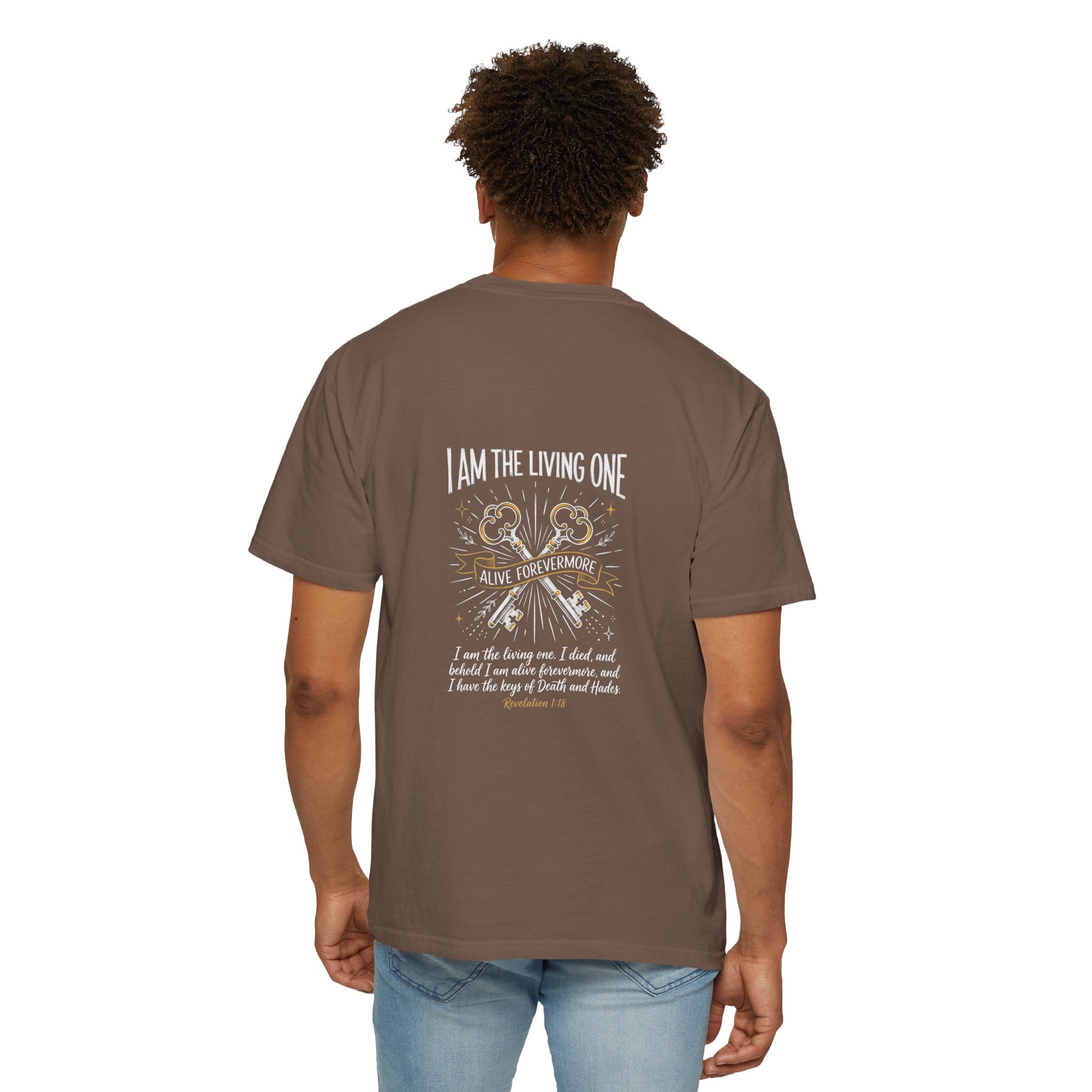 Christian Cross T-Shirt — “I Am the Living One” Scripture Back Graphic