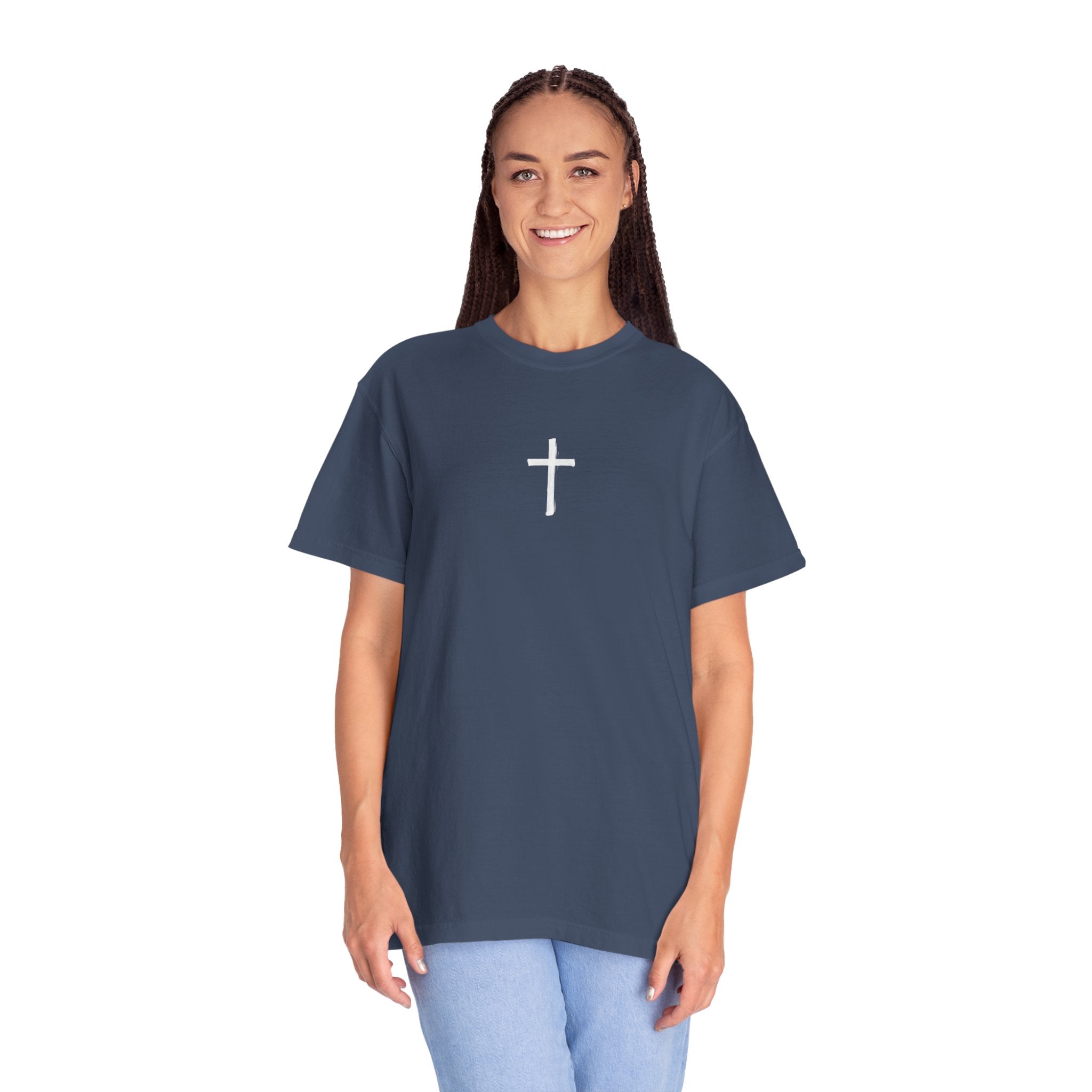 Christian Cross T-Shirt — "The harvest is plentiful, but the laborers are few" Back Graphic