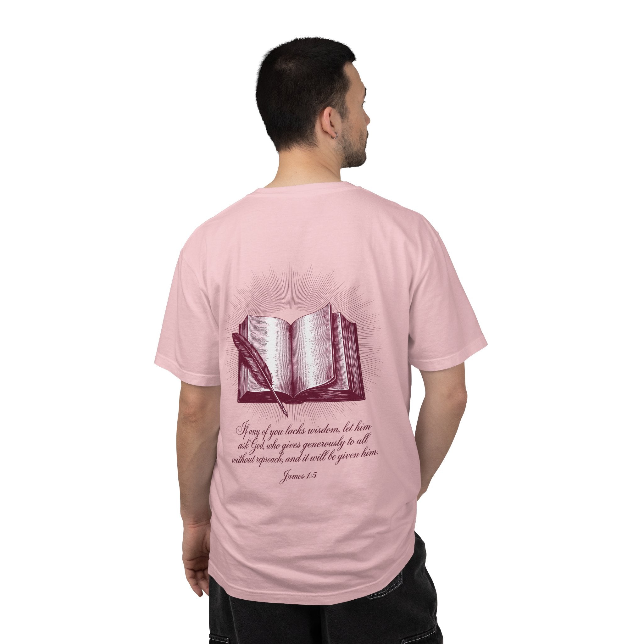 Christian Cross T-Shirt — Illustrated Bible Back Print with James 1:5 Quote
