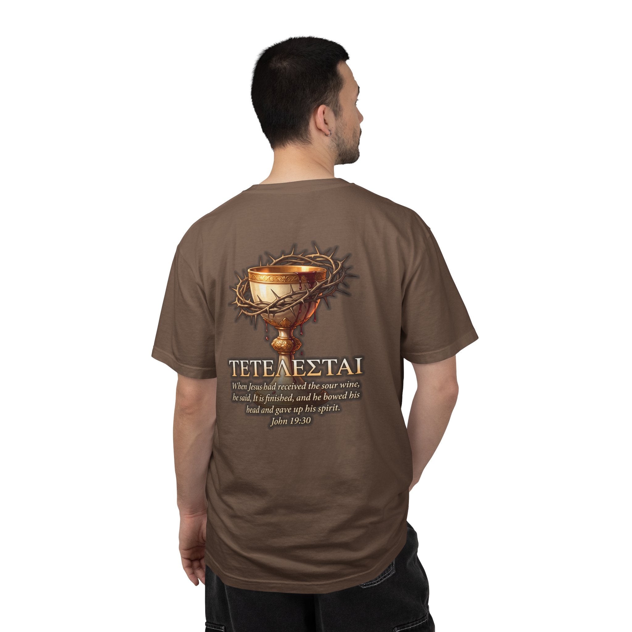 Christian Cross T-Shirt — 'Teteteazai' Chalice Scripture Tee (John 19:30)