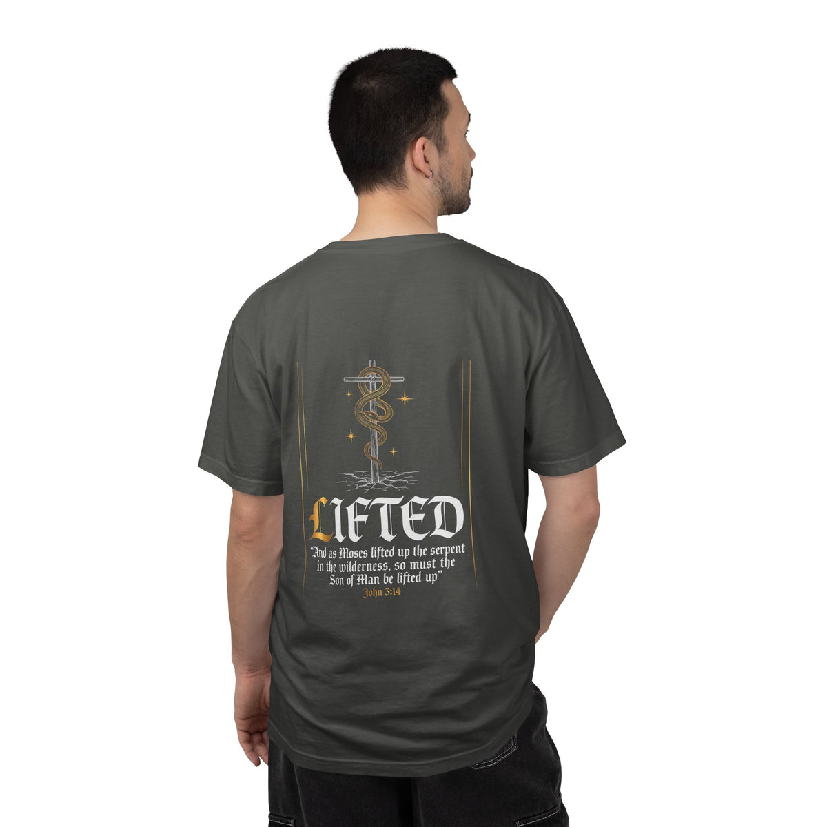Christian Cross T-Shirt — "Lifted" Inspirational Gospel Tee with Scripture Back Design