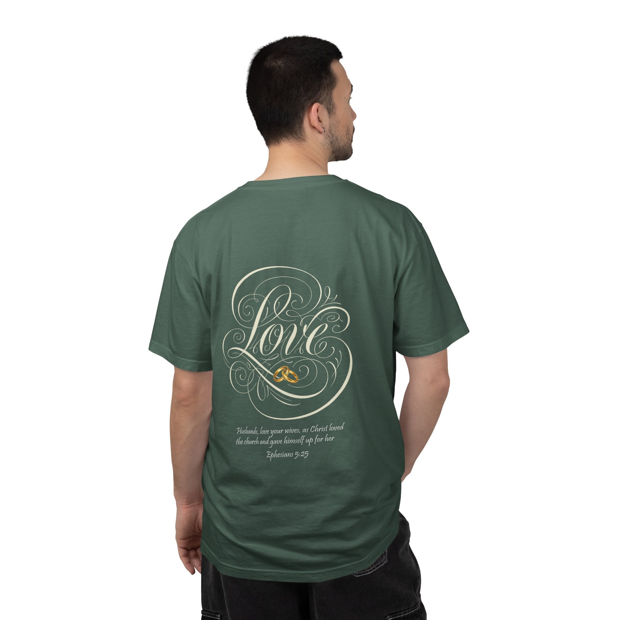 Christian Love Tee — Scripture Cross Back Design (1 John 4:19)