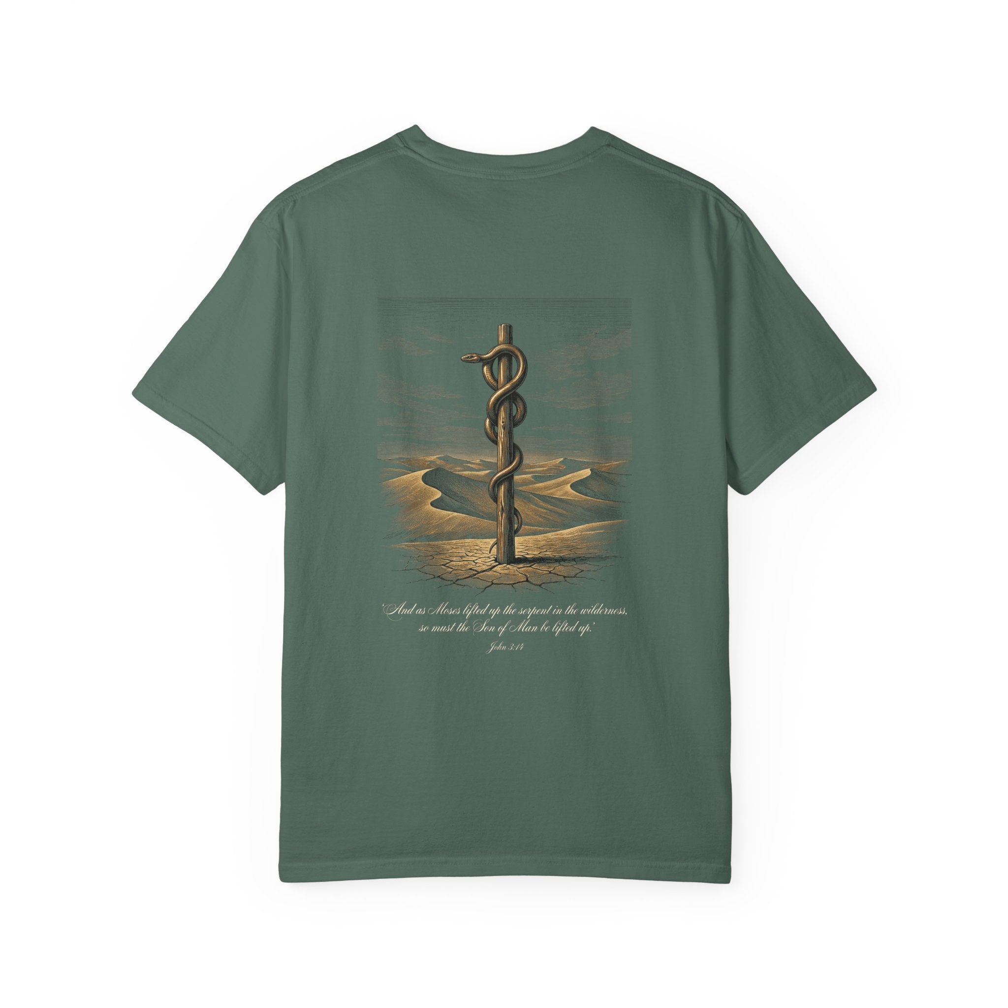 Christian Cross T-Shirt — Biblical Staff of Moses Desert Design with Scripture