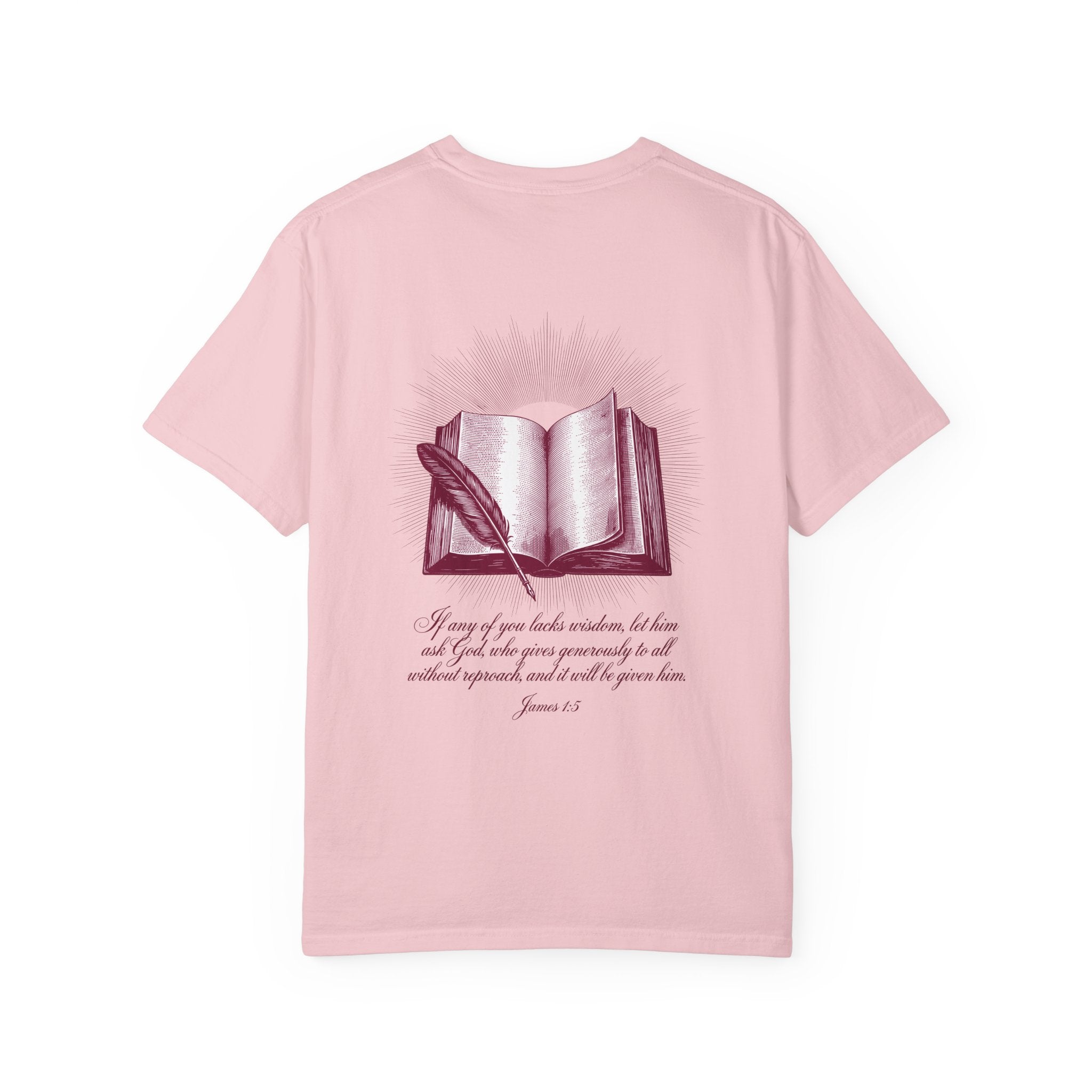 Christian Cross T-Shirt — Illustrated Bible Back Print with James 1:5 Quote
