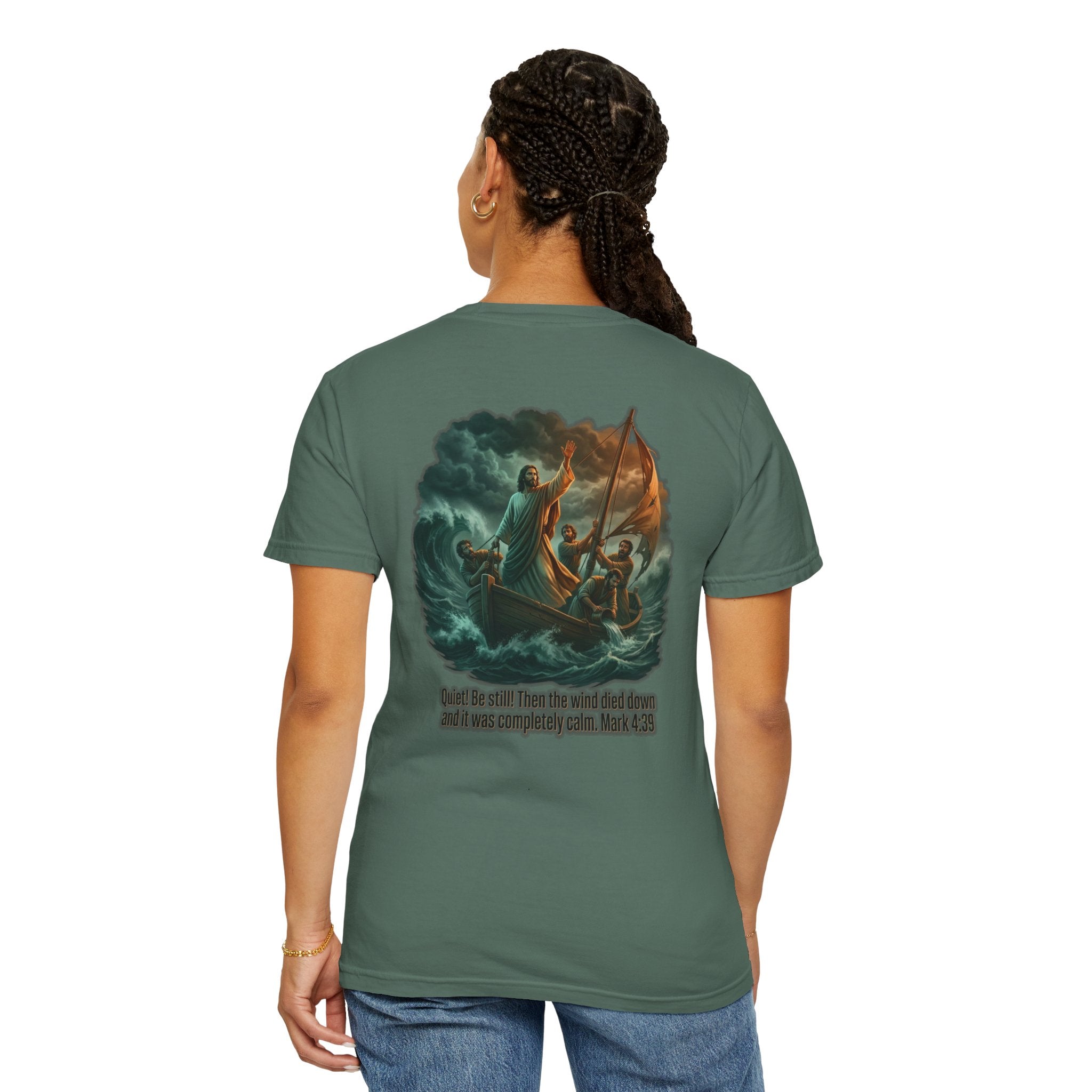 Christian Faith T-Shirt — 'He Said, "Be Still"' Boat Scene with Matthew 8:23-27 Biblical Tee