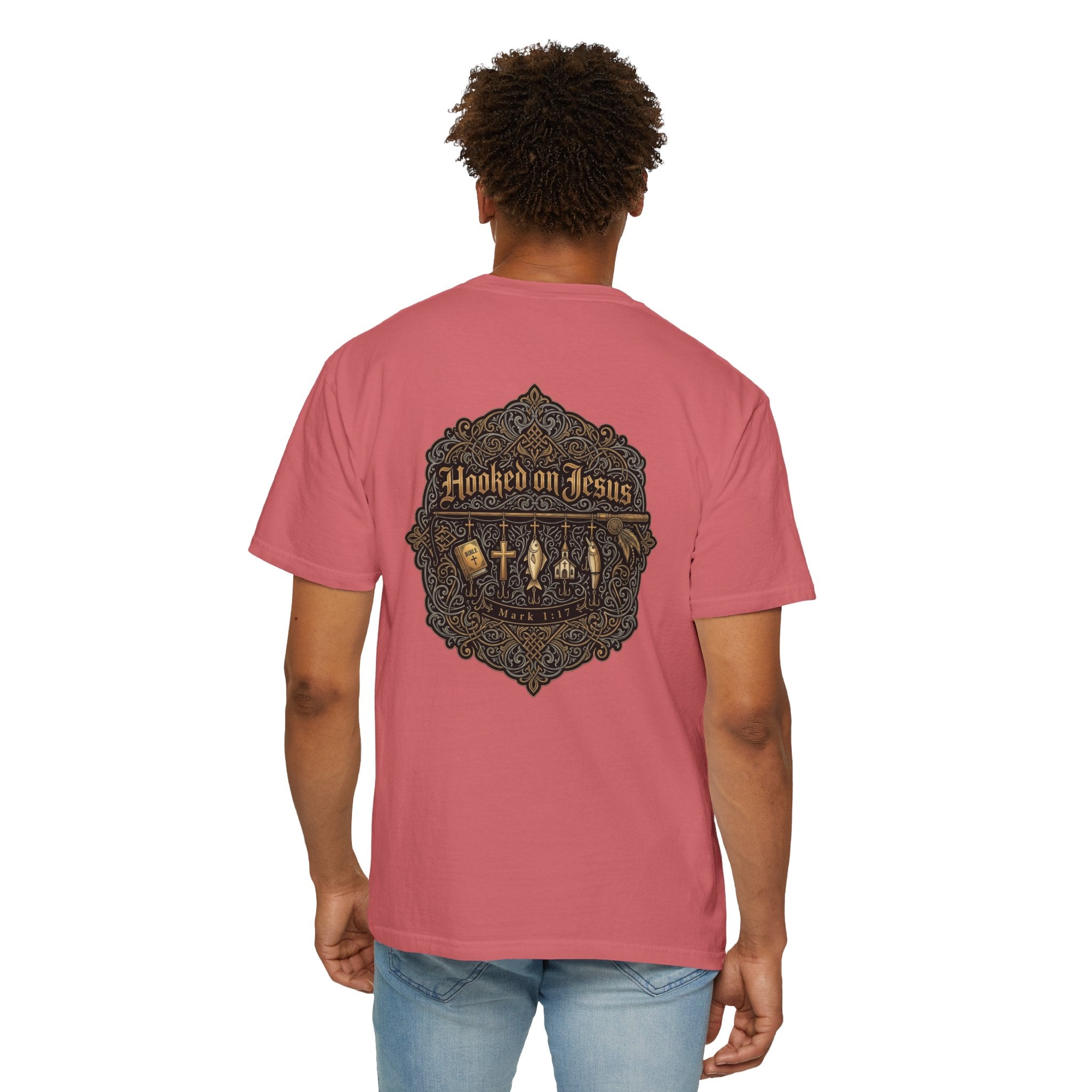 Hooked on Jesus T‑Shirt — Small Front Cross & Ornate Back Graphic