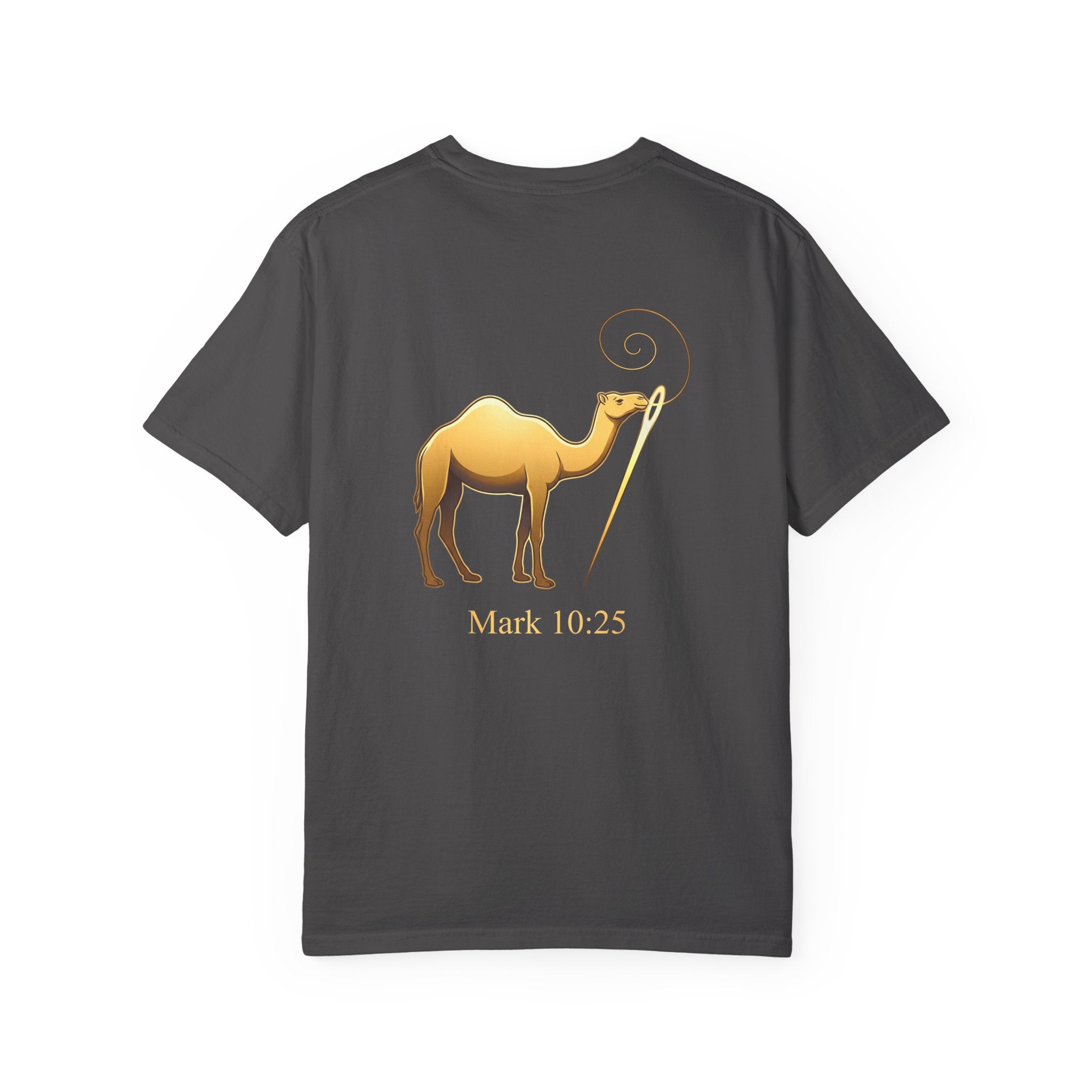 Christian Cross T-Shirt with Gold Camel & "Mark 10:25" Back — Religious Faith Tee