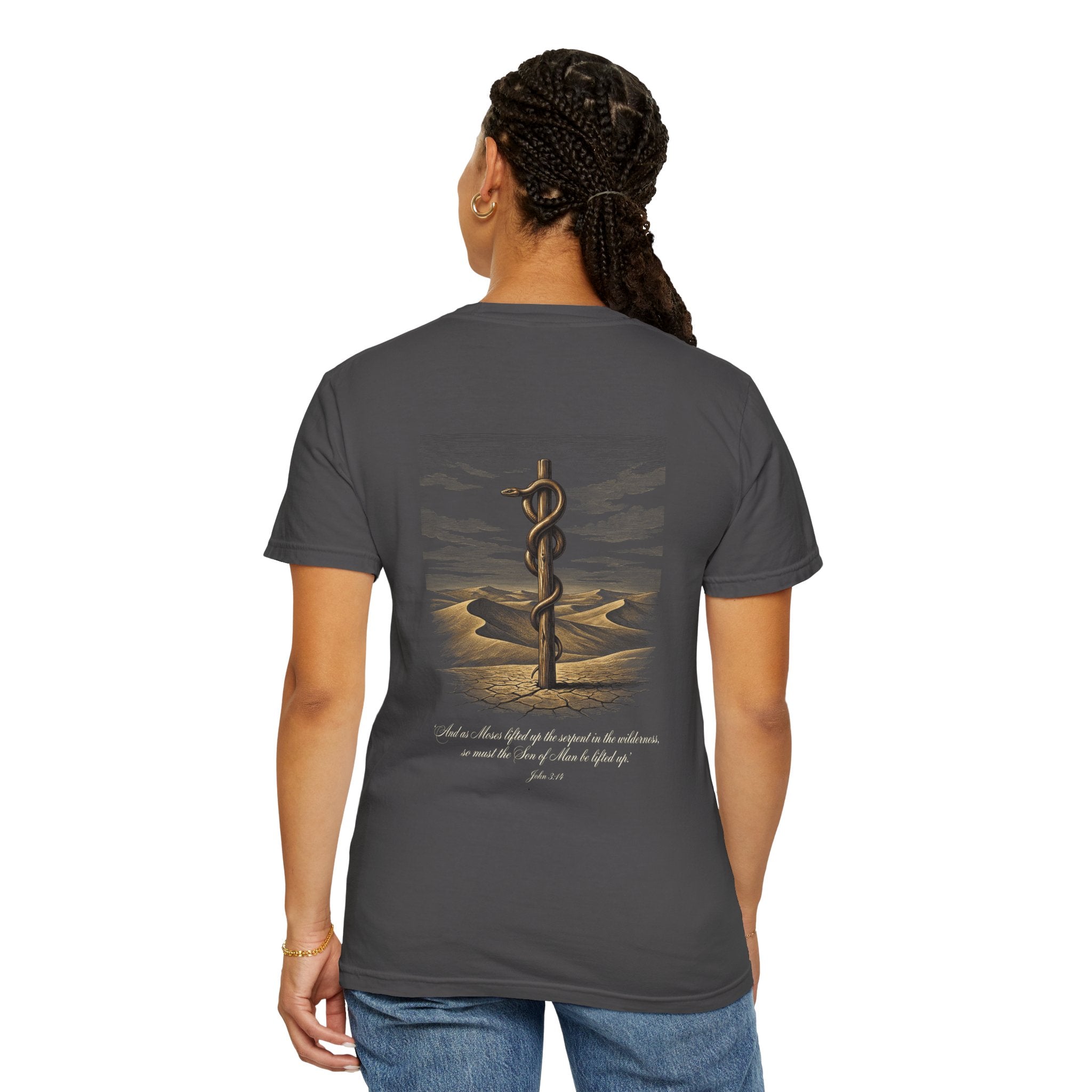 Christian Cross T-Shirt — Biblical Staff of Moses Desert Design with Scripture