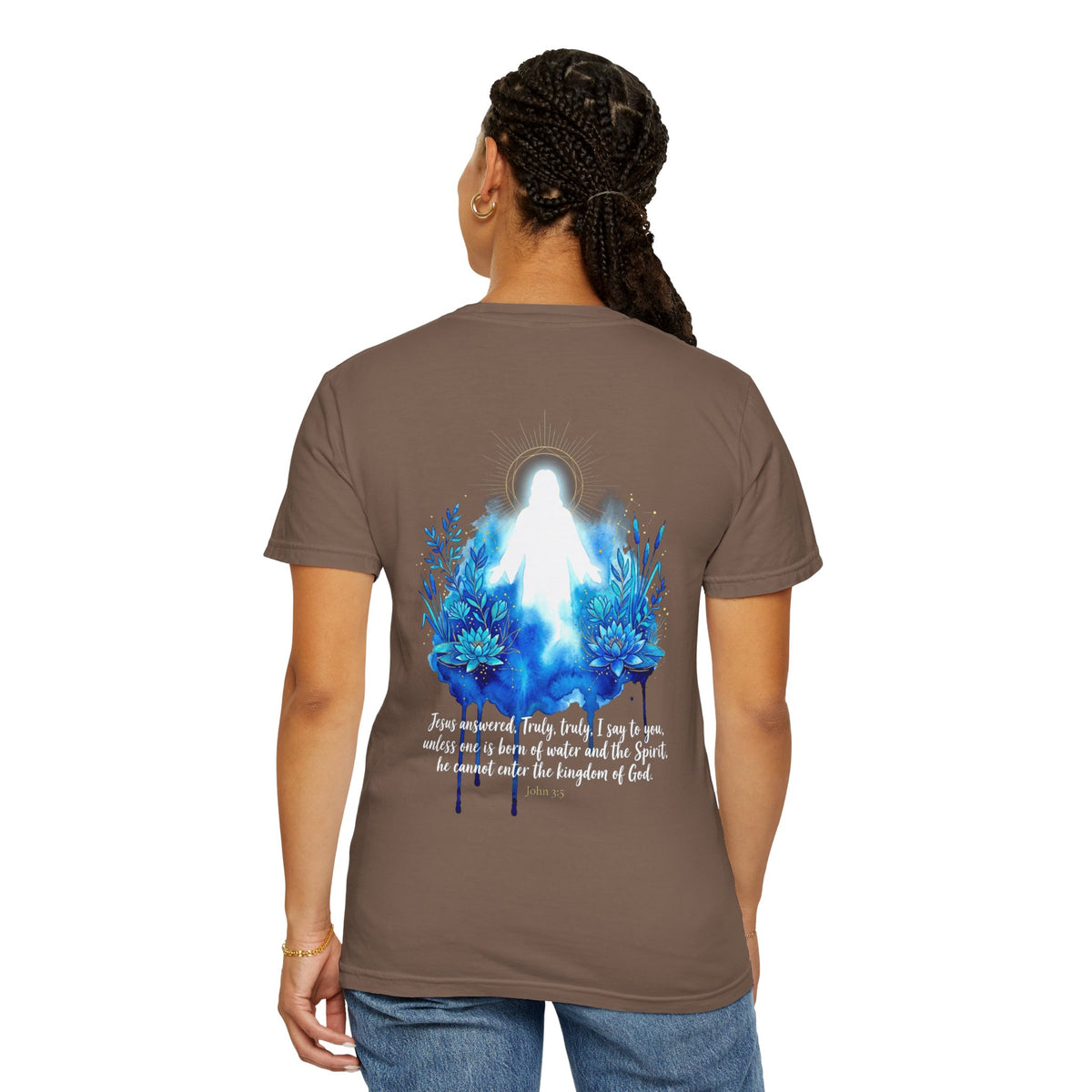 Christian T-Shirt — White Cross Front & Glowing Jesus Back with Blue Flowers (Religious Faith Tee)
