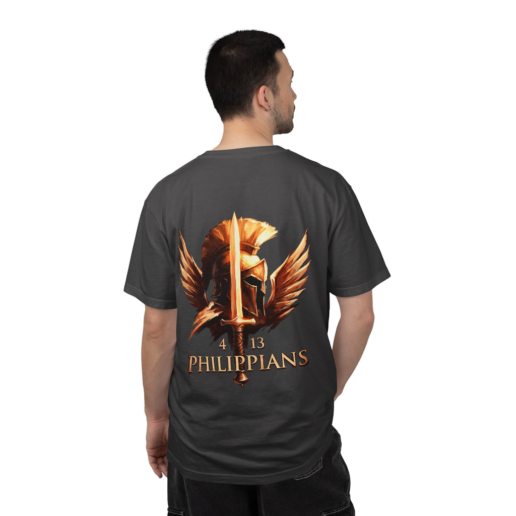 Christian Philippians 4:13 T-Shirt — Warrior Helmet Cross Graphic Tee