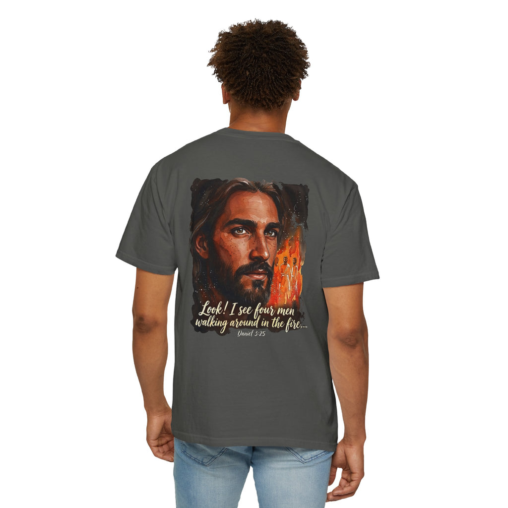 Christian T-Shirt — Jesus with Three Crosses & Daniel 3:25 Verse Back Print