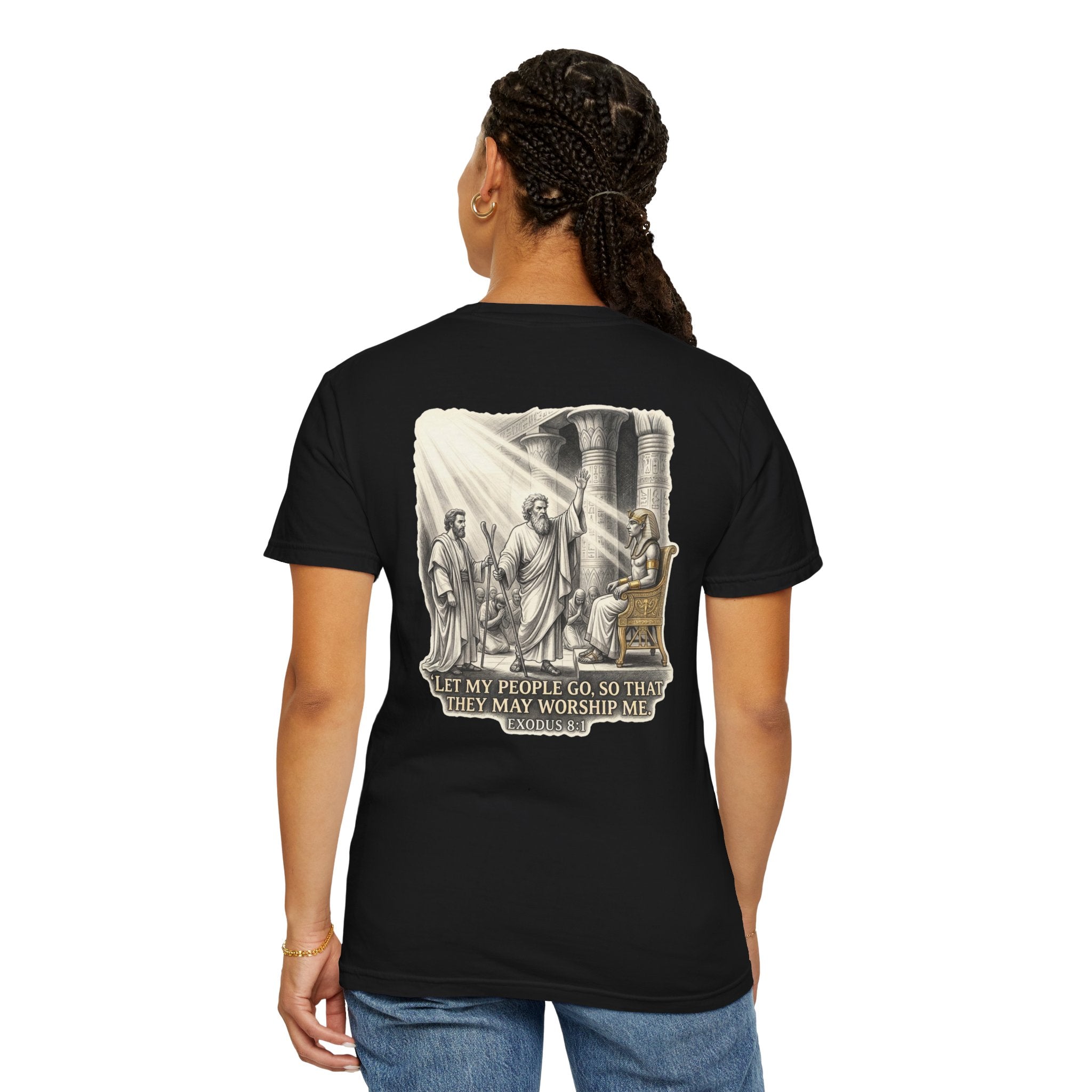 Religious T-Shirt — Small Cross Front & 'Let My People Go' Back Graphic