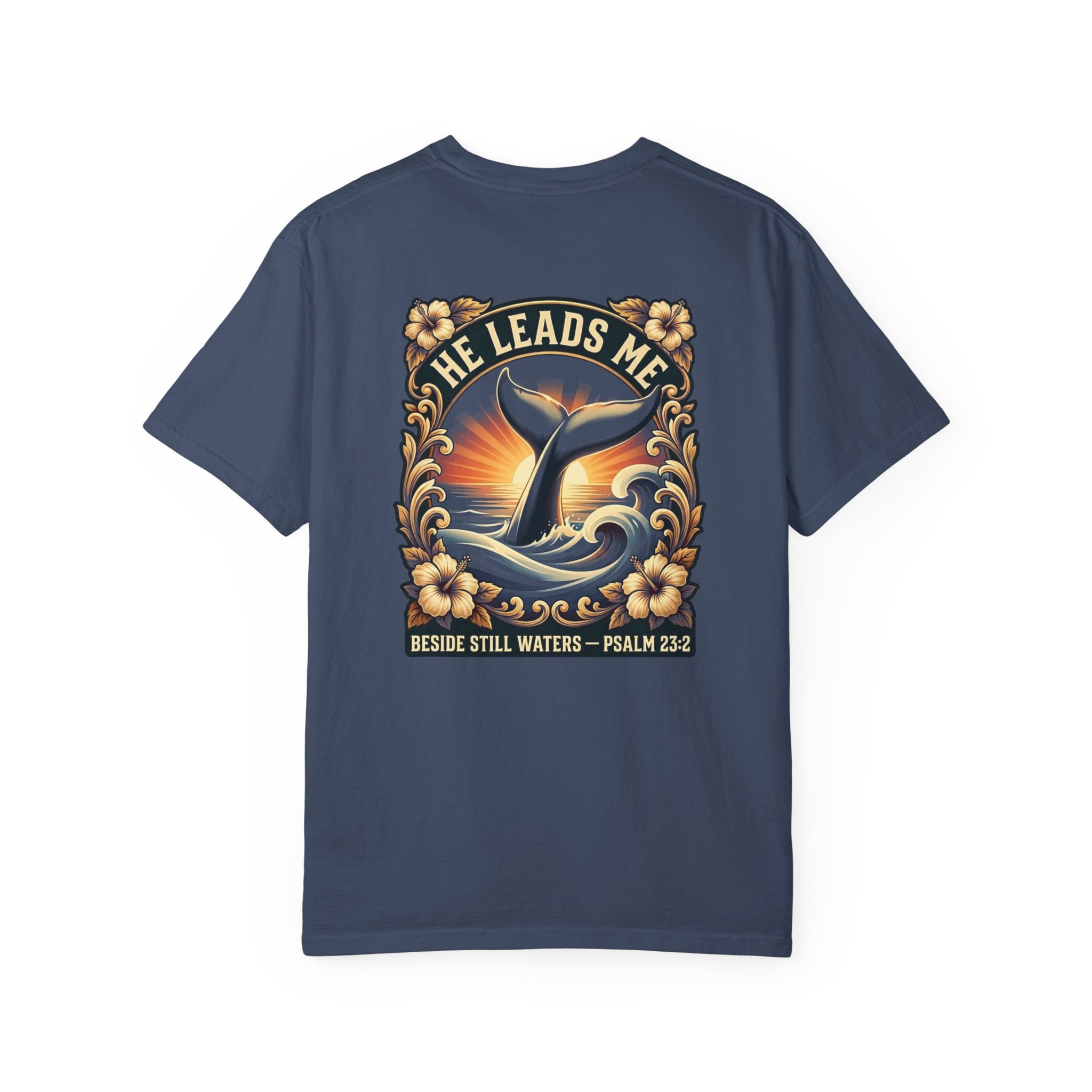 Christian Cross T-Shirt — "He Leads Me" Whale Psalm 23:2 Graphic Tee
