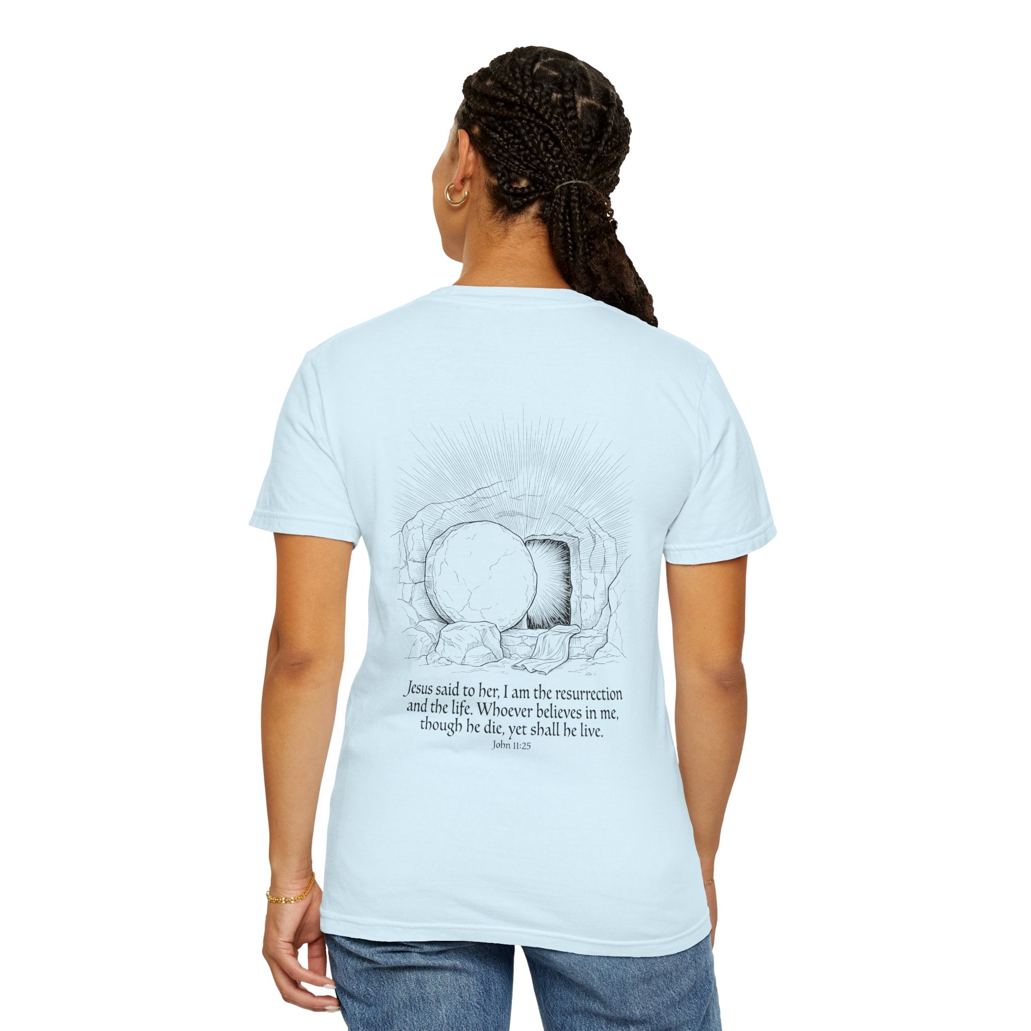 Christian Cross T-Shirt — Resurrection Tomb Design with John 11:25 Scripture
