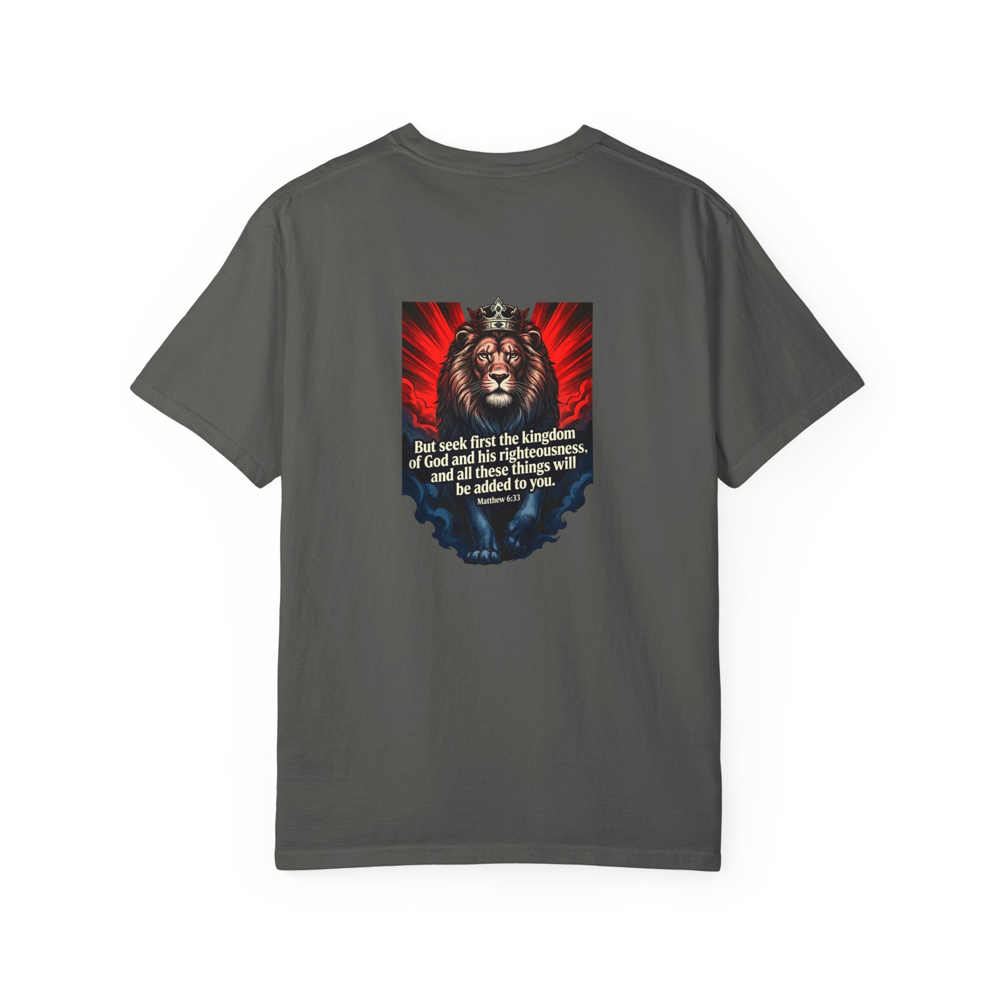 Christian Lion T-Shirt — 'But seek first the kingdom of God' Scripture Tee