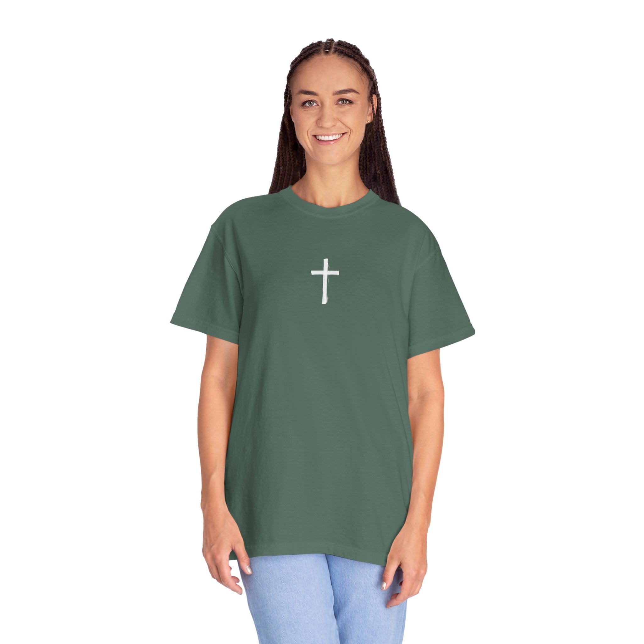 Christian Cross T-Shirt — "The harvest is plentiful, but the laborers are few" Back Graphic