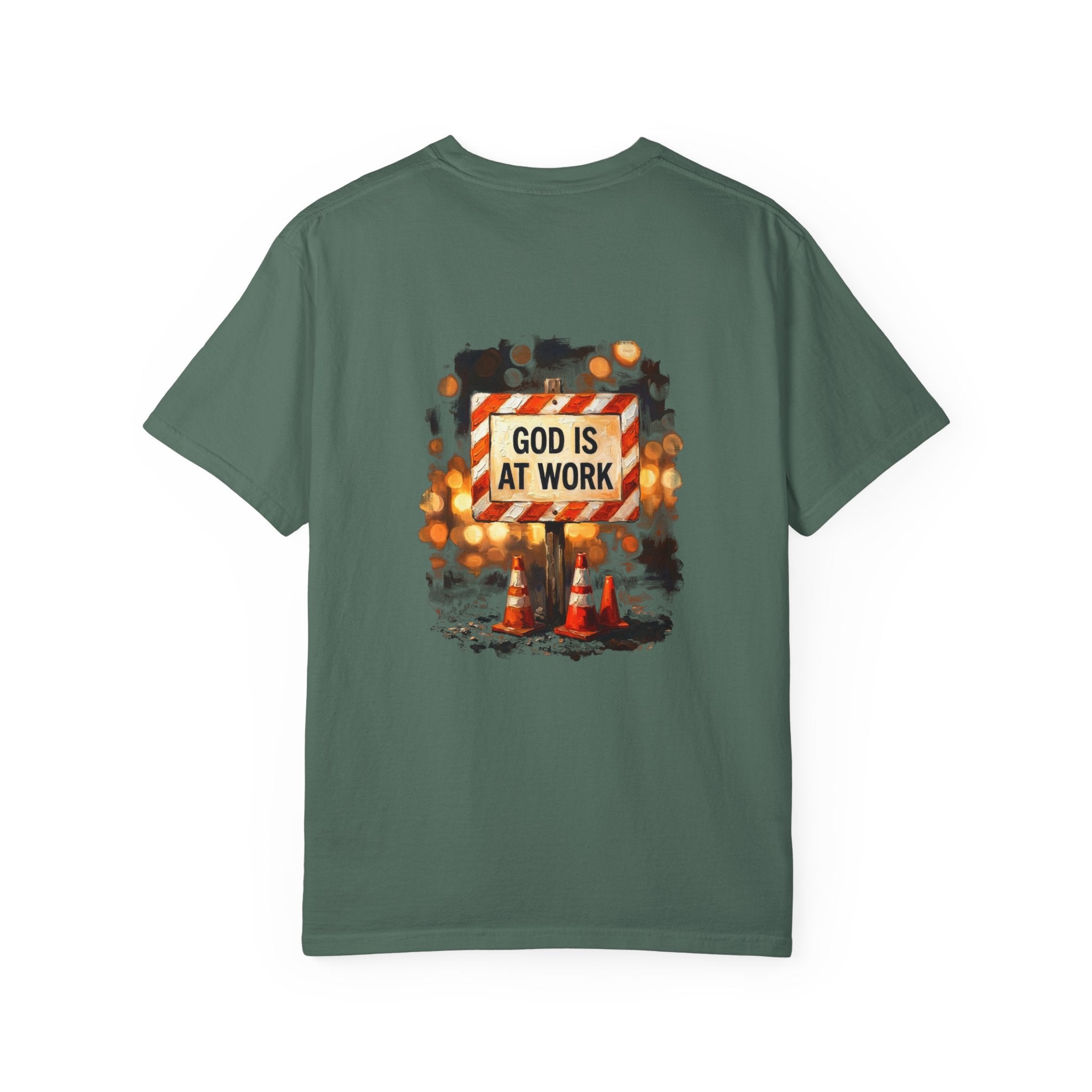 Christian T-Shirt — "God Is At Work" Cross Graphic Tee